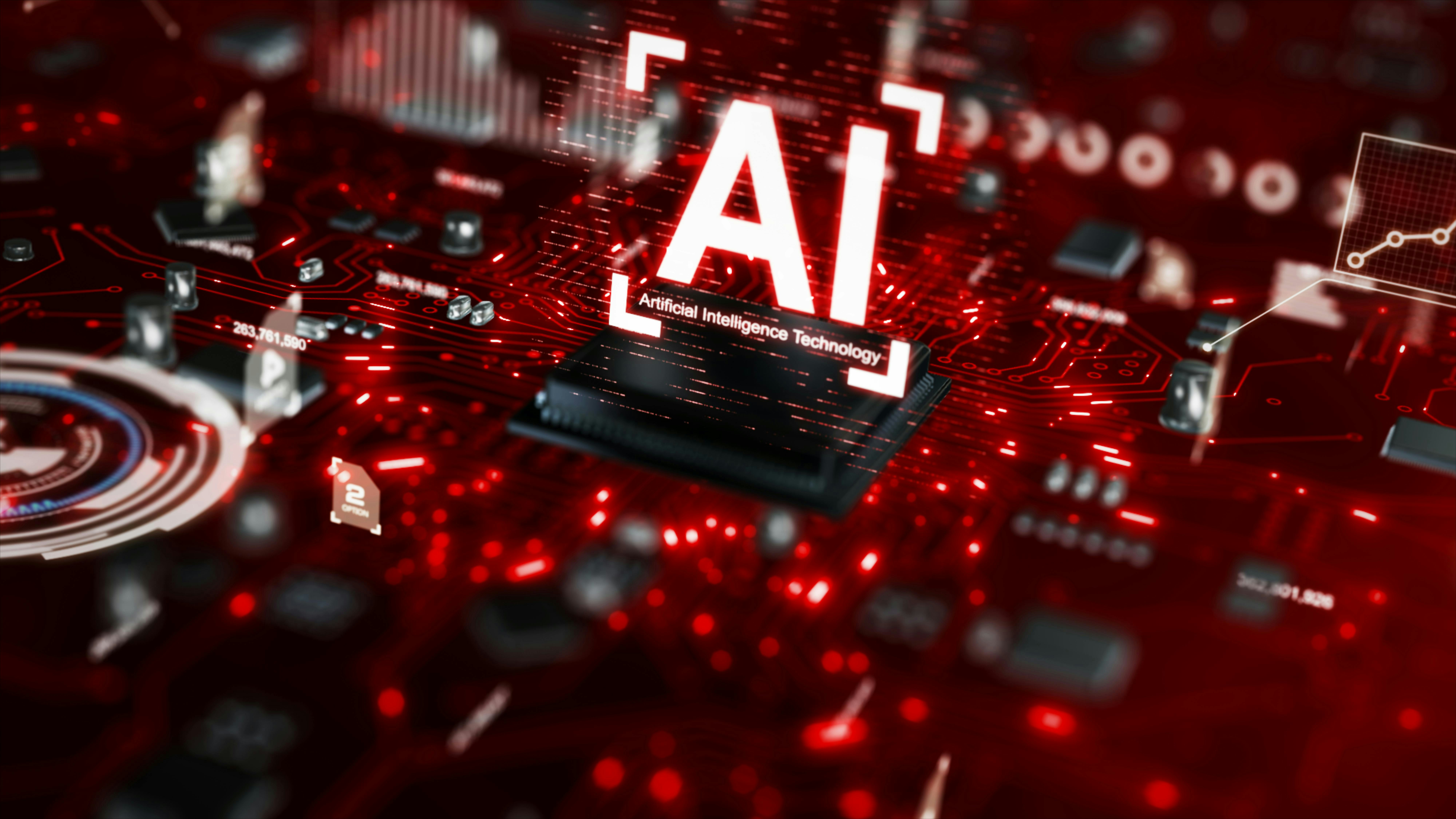 A rendering of a circuit board with 'artificial intelligence technology' superimposed over it