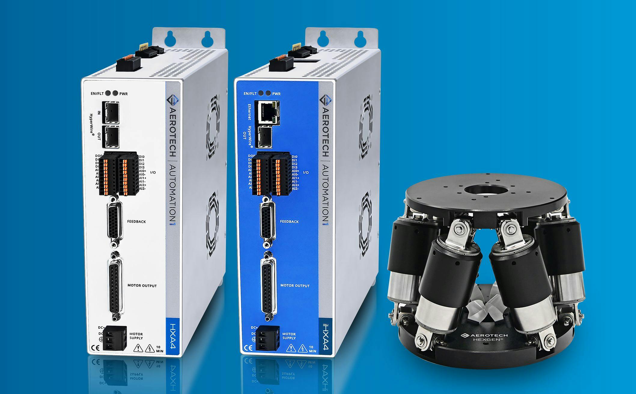 The Aerotech Automation1-HXA4 and Automation1-iHXA4 hexapod drives are for aerospace and satellite device testing by enabling precise positioning for component validation, alignment, and simulation under complex motion profiles.