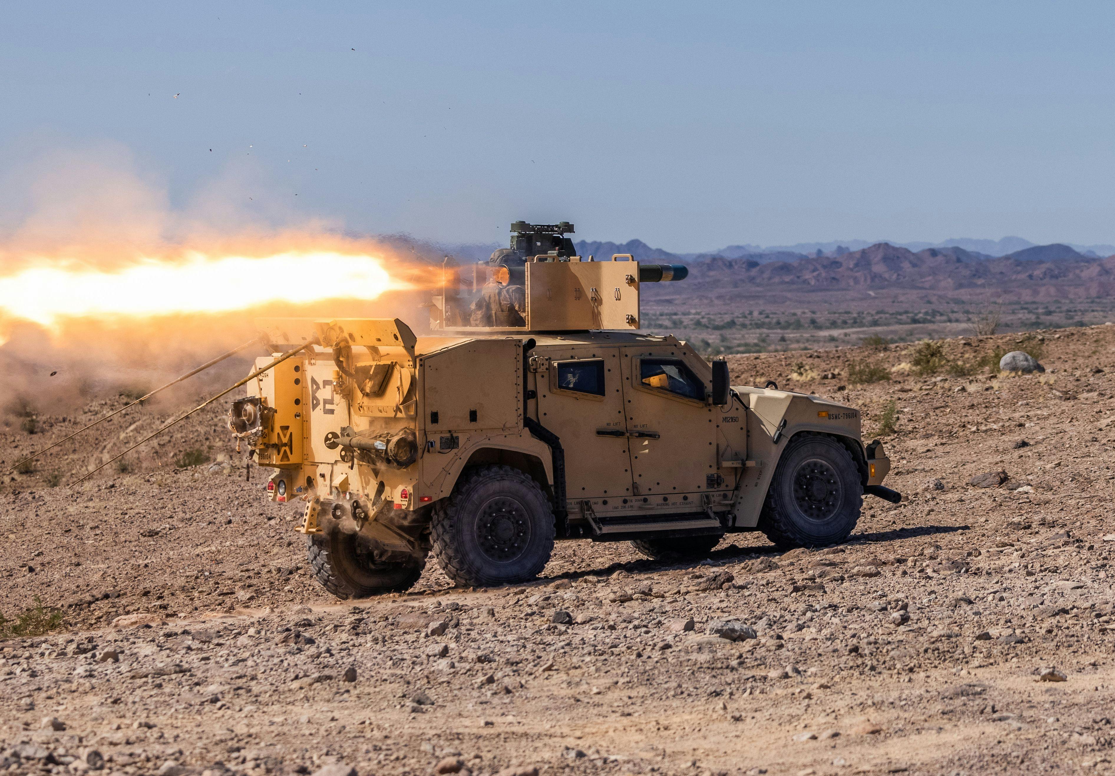 U.S. Marines fire a TOW missile from a Joint Light Tactical Vehicle during a range on the U.S. Army Yuma Proving Ground, Ariz., in 2023.