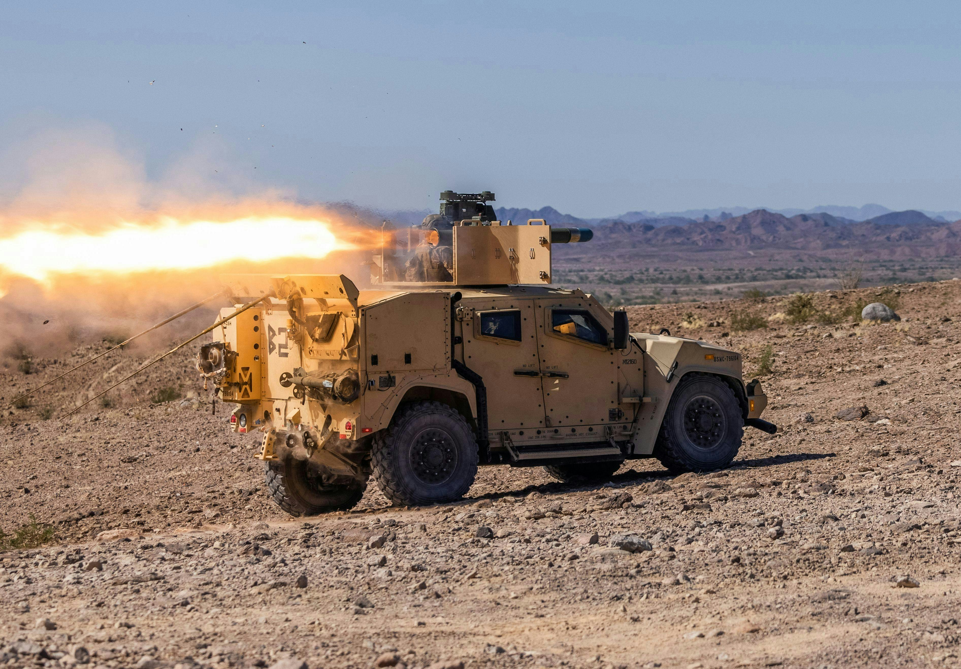U.S. Marines fire a TOW missile from a Joint Light Tactical Vehicle during a range on the U.S. Army Yuma Proving Ground, Ariz., in 2023.