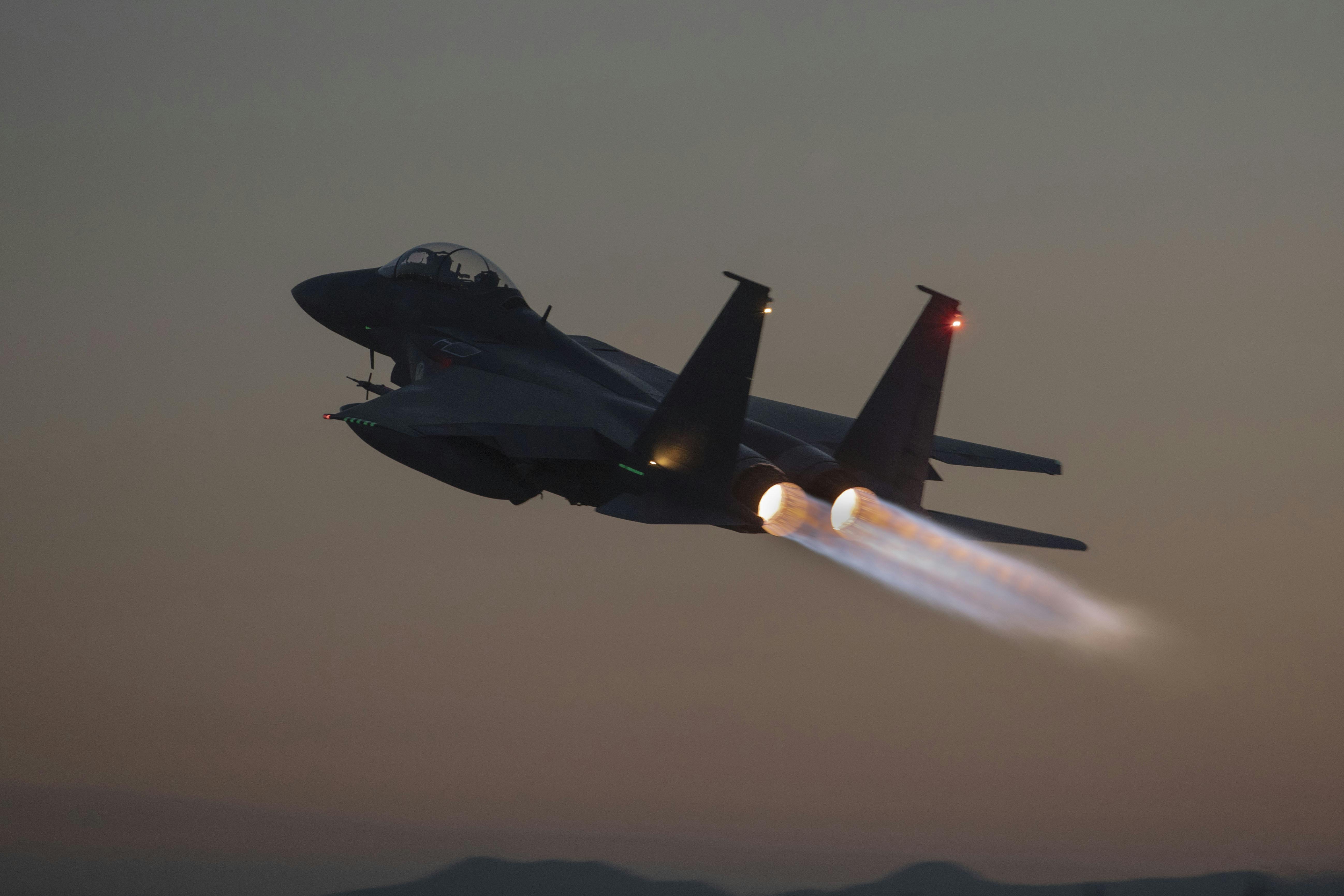 A Republic of Korea Air Force F-15K Slam Eagle aircraft with the 11th Fighter Wing takes off from Gwangju Air Base, South Korea during exercise Freedom Flag 25-1 last April.
