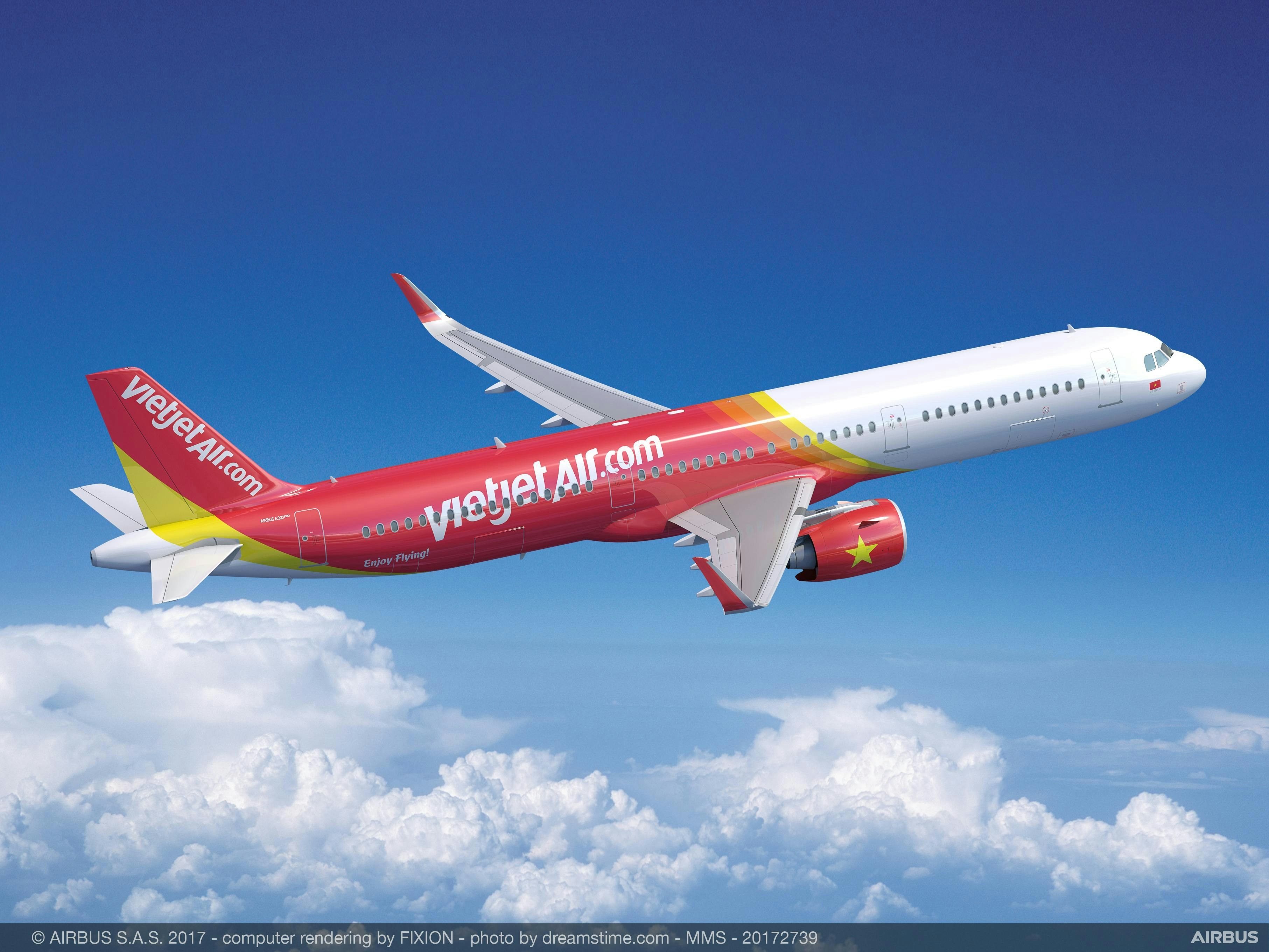 A rendering of an Airbus Vietjet passenger craft flying over clouds.