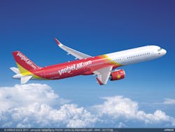 A rendering of an Airbus Vietjet passenger craft flying over clouds. A rendering of an Airbus Vietjet passenger craft flying over clouds.