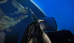 The CAE simulators provide high-fidelity simulation of the F-16 Block 70 cockpit, avionics, sensors, and weapons to practice normal flight procedures and combat tactics.