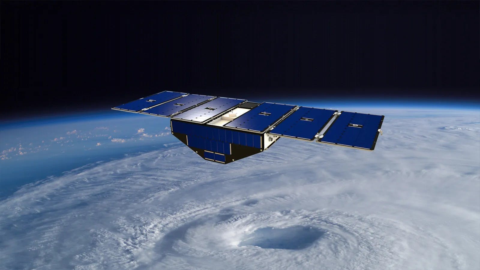 Illustration of one of the CYGNSS satellites in orbit above a hurricane. Credit: NASA.