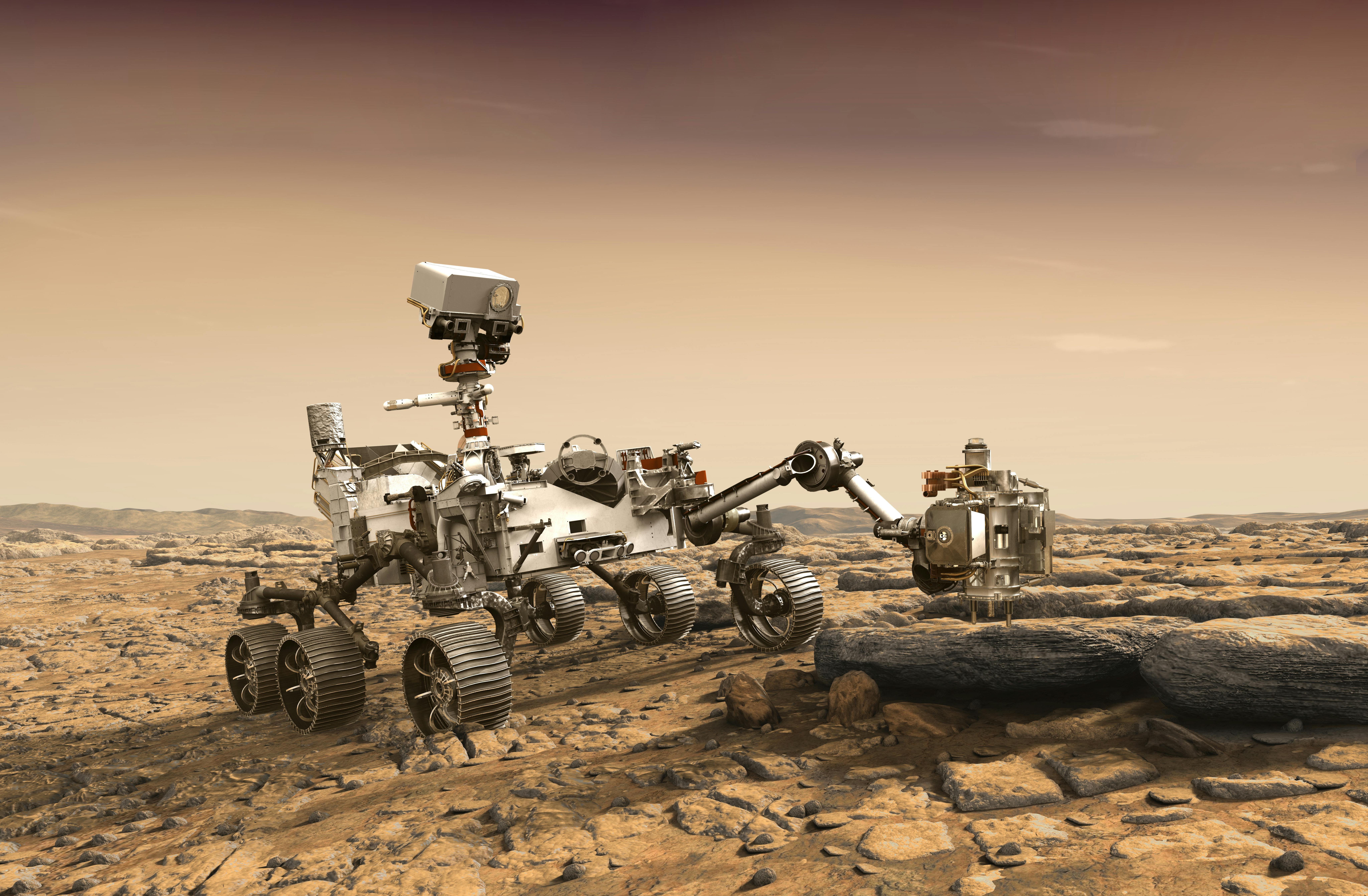 The Perseverance rover deploys its equipment against the backdrop of a true Martian landscape. Colony on. Colony made on Mars concept. Elements of this image furnished by NASA.