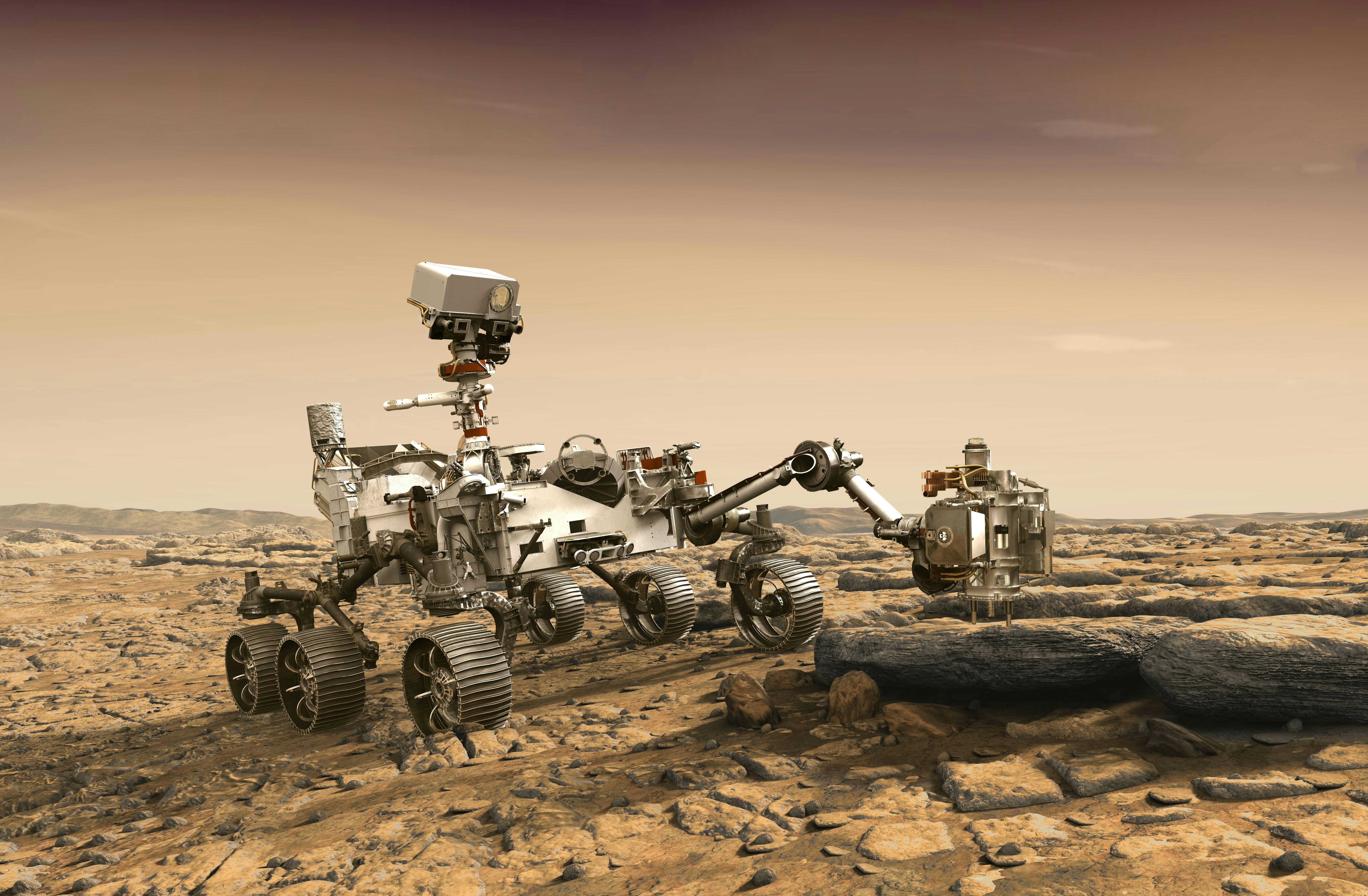 The Perseverance rover deploys its equipment against the backdrop of a true Martian landscape. Colony on. Colony made on Mars concept. Elements of this image furnished by NASA.