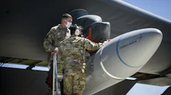 Air Force technicians secure the AGM-183A Air-launched Rapid Response Weapon Instrumented Measurement Vehicle 2 as it is loaded under the wing of a B-52H jet bomber at Edwards Air Force Base, Calif.