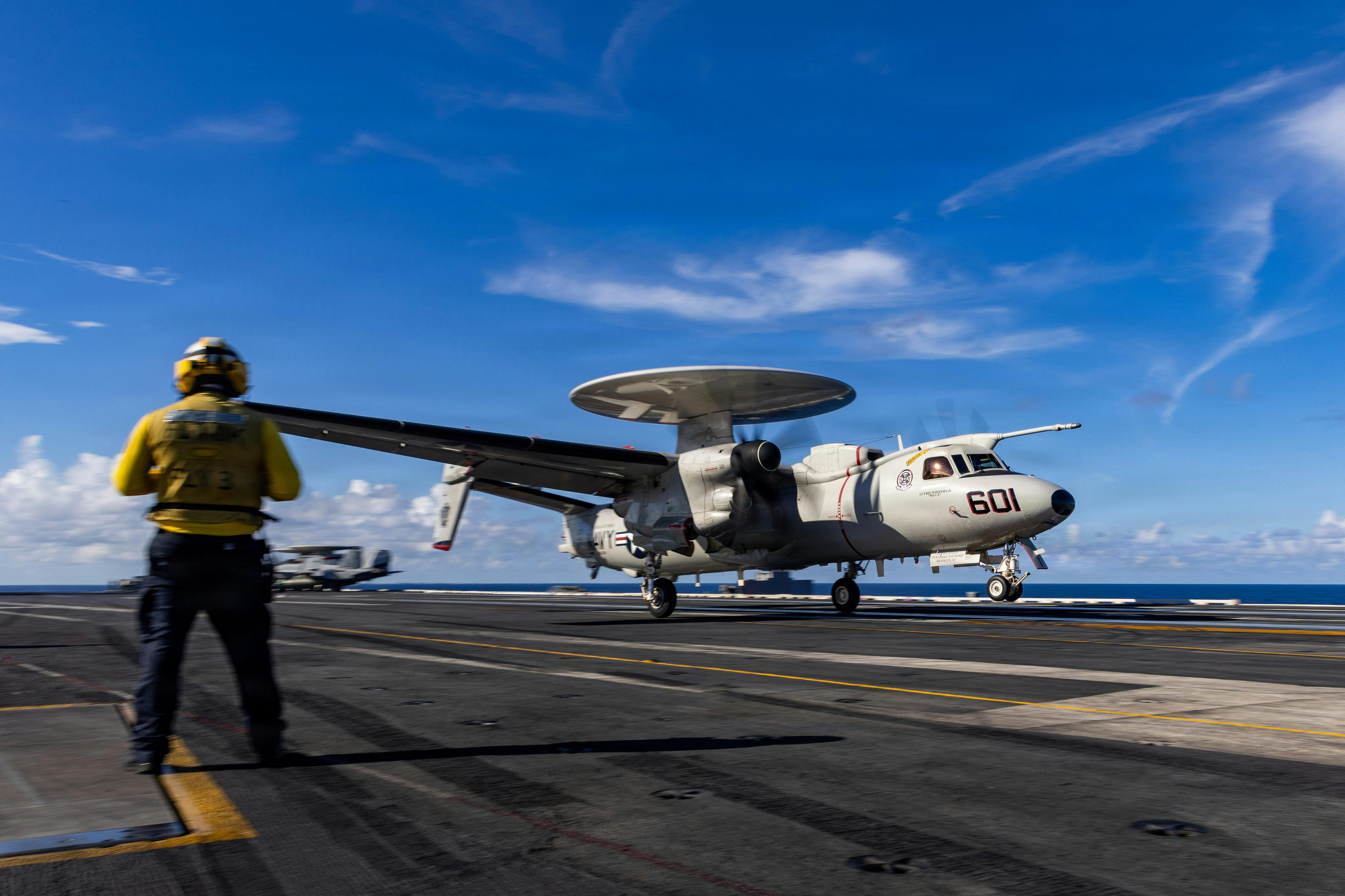 An E-2D Hawkeye aircraft operates from the aircraft carrier USS Gerald R. Ford (CVN 78) last November.