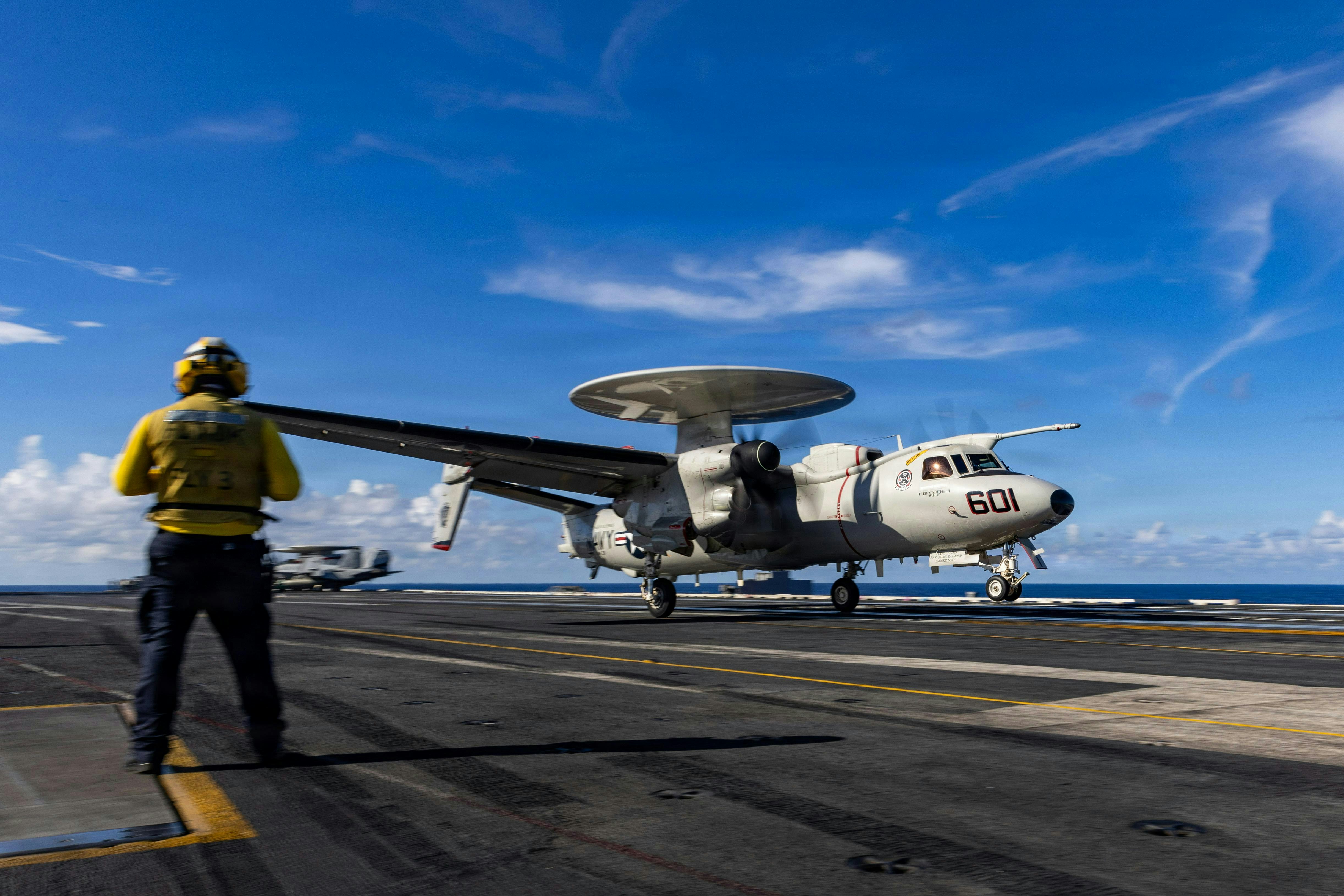 An E-2D Hawkeye aircraft operates from the aircraft carrier USS Gerald R. Ford (CVN 78) last November.