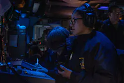 A Navy surface sonar technician stands sonar watch aboard the Ticonderoga-class guided-missile cruiser USS Leyte Gulf (CG 55) in 2022. A Navy surface sonar technician stands sonar watch aboard the Ticonderoga-class guided-missile cruiser USS Leyte Gulf (CG 55) in 2022.