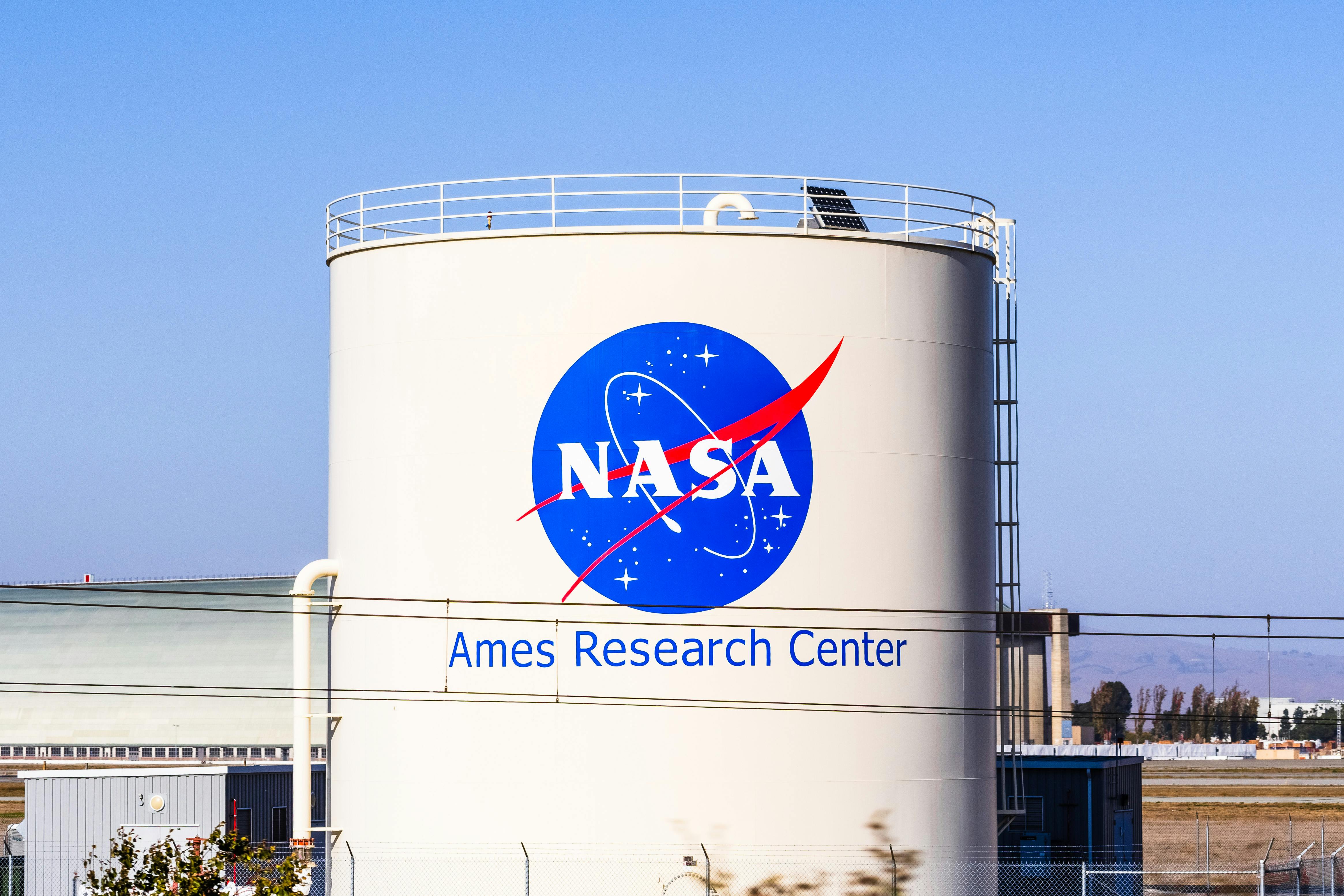 The NASA logo on a liquid storage tank at the Ames Research Center.
