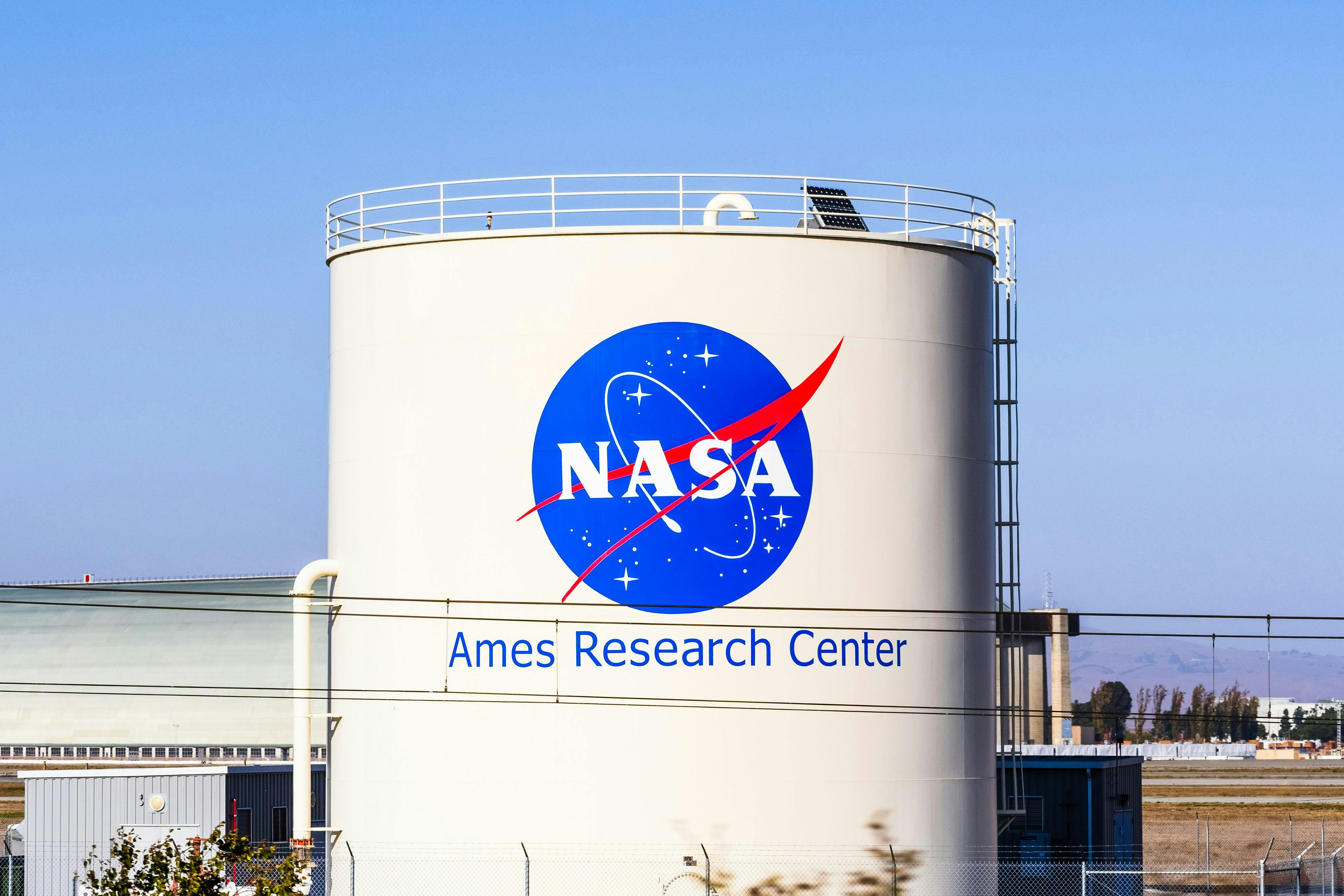 The NASA logo on a liquid storage tank at the Ames Research Center.