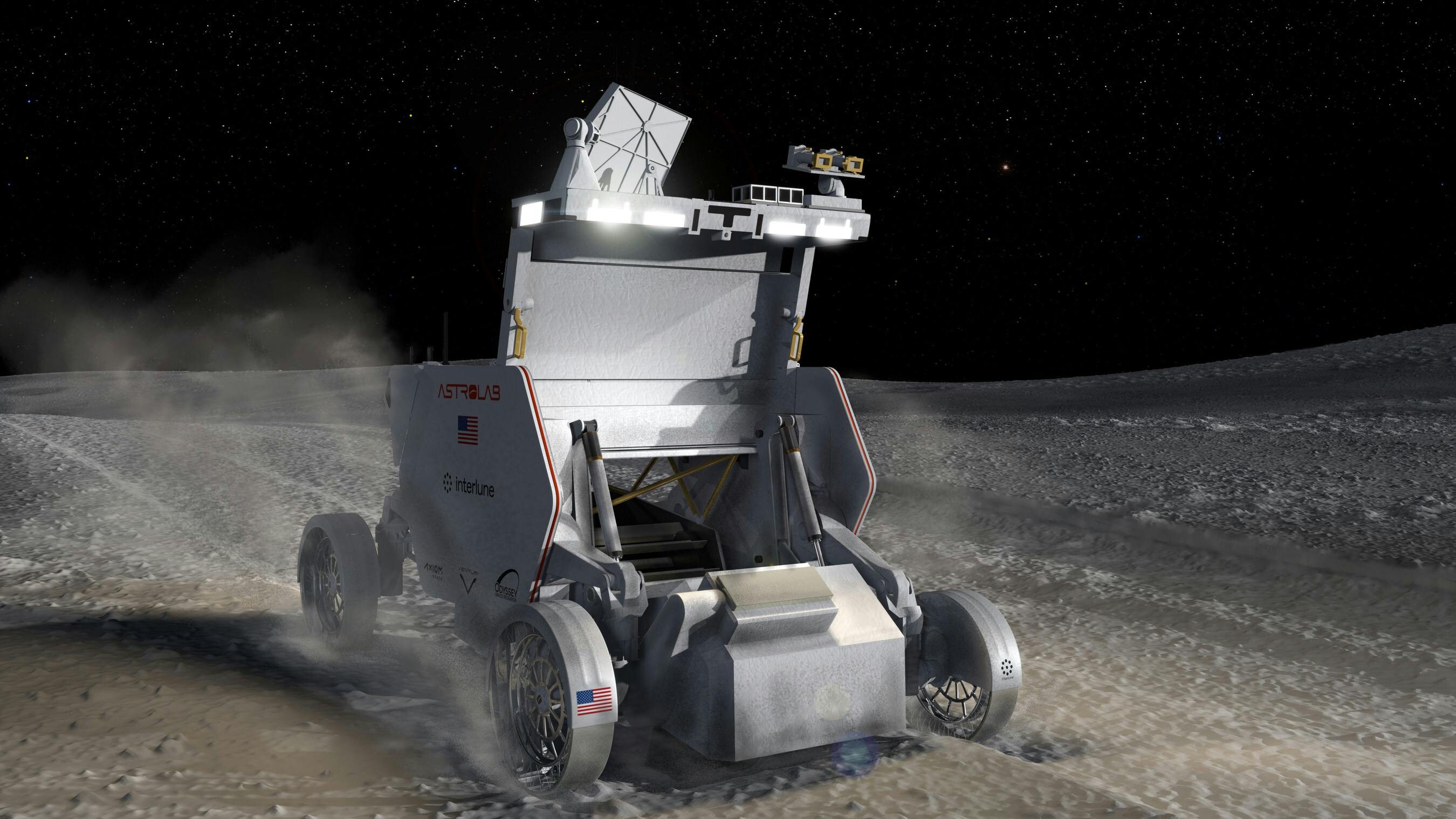 A stylized rendering of the Astrolab Flexible Logistics and Exploration (FLEX) rover integrated with Interlune excavation technology.