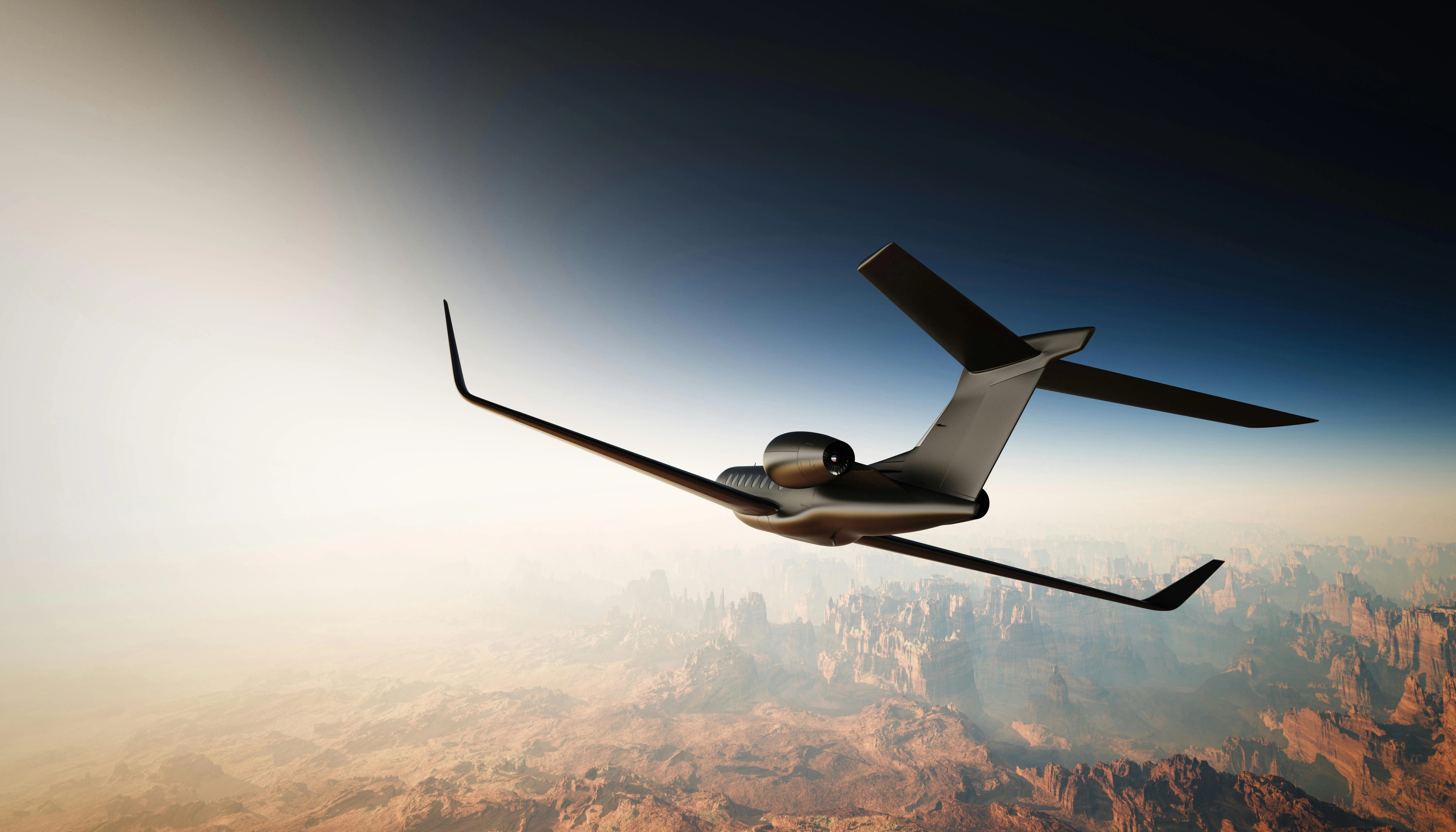 A rendering of a small jet flying
