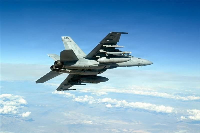 A U.S. Navy F/A-18 jet fighter-bomber carries an Advanced Anti-Radiation Guided Missile Extended Range (AARGM-ER) during a live fire test last January at Point Mugu Sea Range in California.