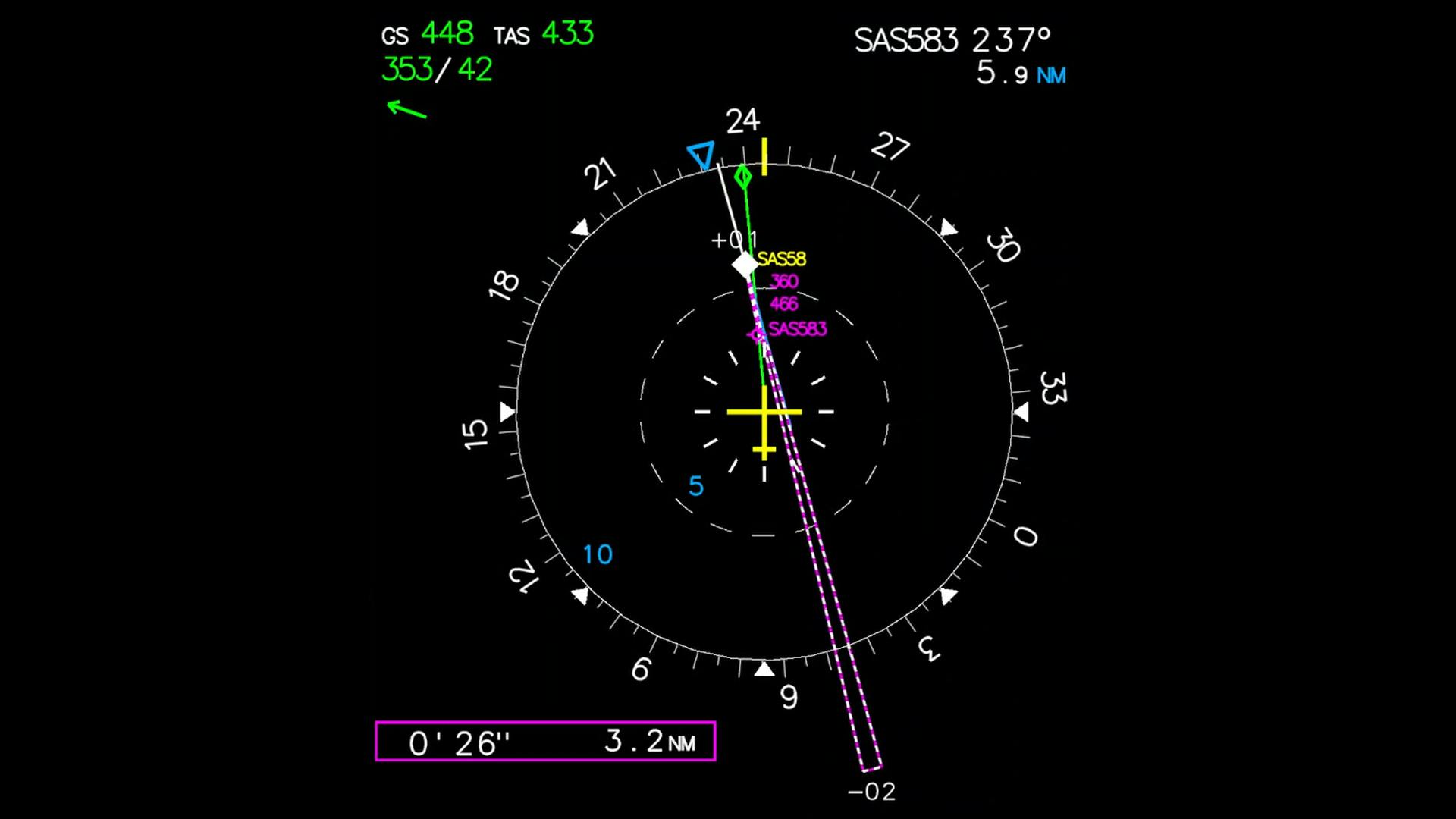 In the cockpit of ISTAR, an experimental navigation display shows information on wake vortices and potential conflicts with the aircraft's own flight path. Credit: DLR (CC BY-NC-ND 3.0).