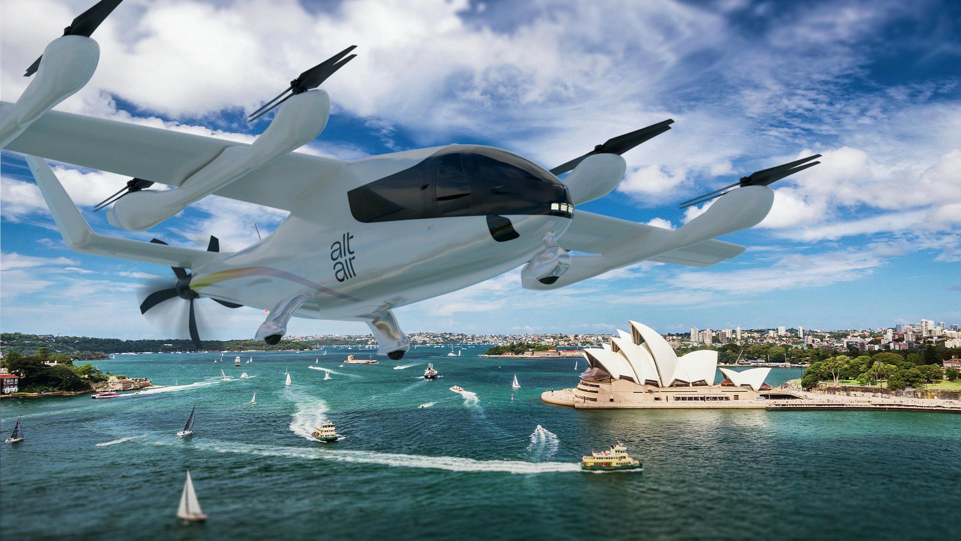 An eVTOL flies over Sydney harbor.