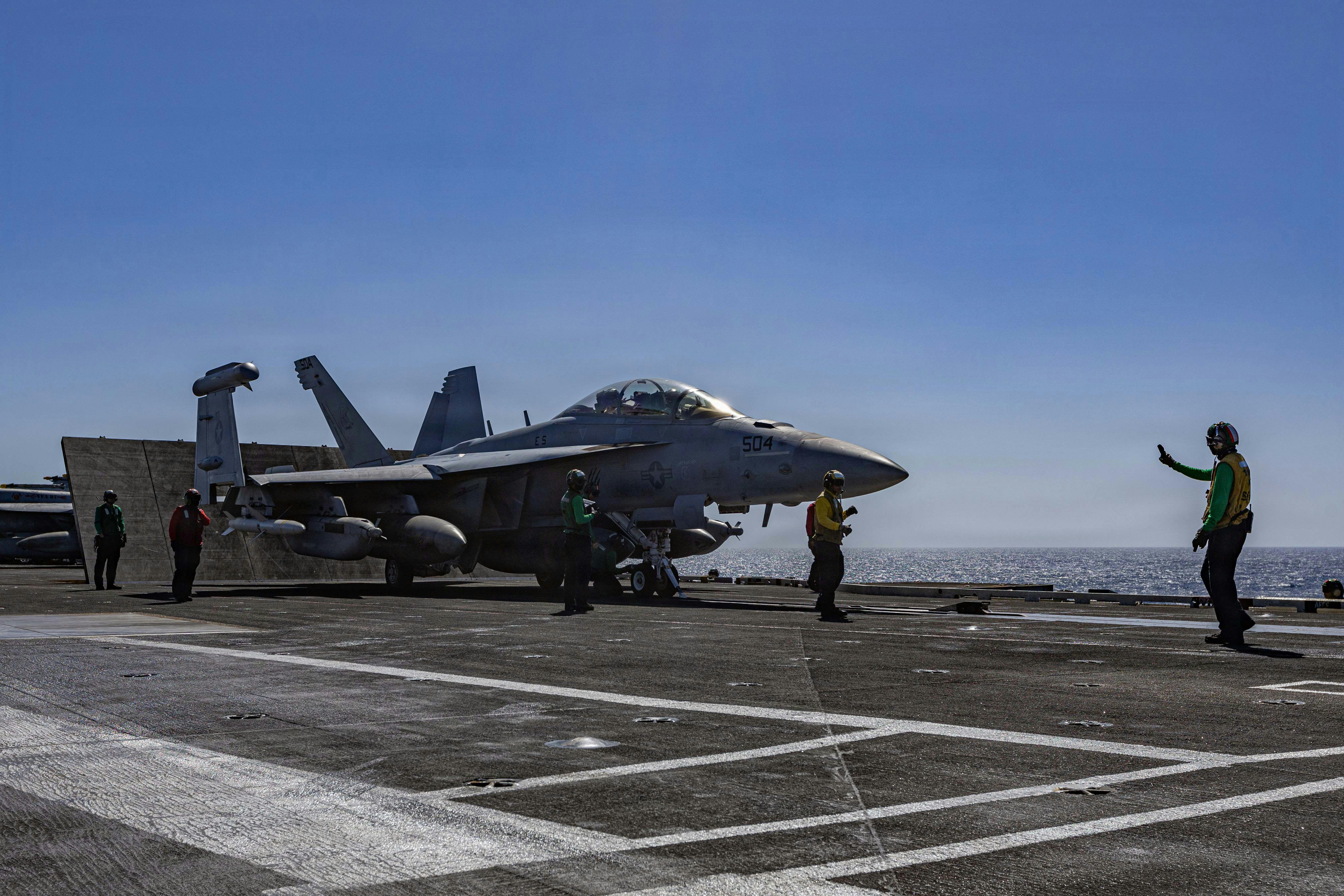 An E/A-18G Growler electronic warfare (EW) jet prepares for launch while conducting flight operations aboard the aircraft carrier USS Gerald R. Ford (CVN 78) during Operation Epic Fury earlier this month.
