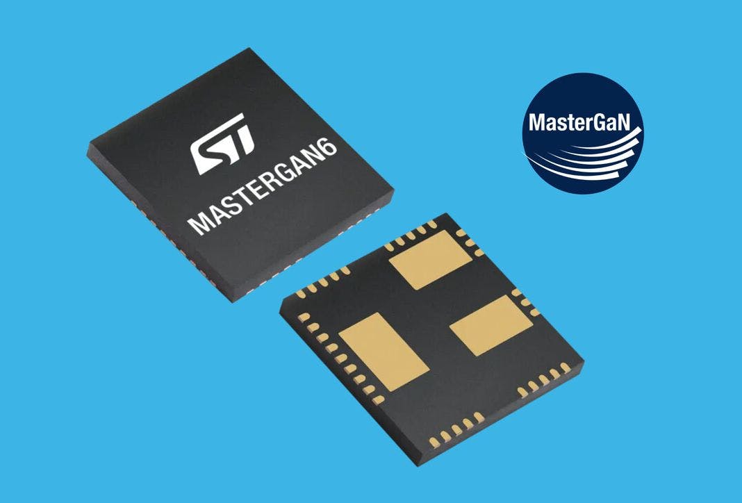 The STMicroelectronics MasterGaN6 power integrated circuit for power conversion systems has gallium nitride (GaN) power transistors and is for industrial-lighting power supplies and DC-to-AC solar micro-inverters.