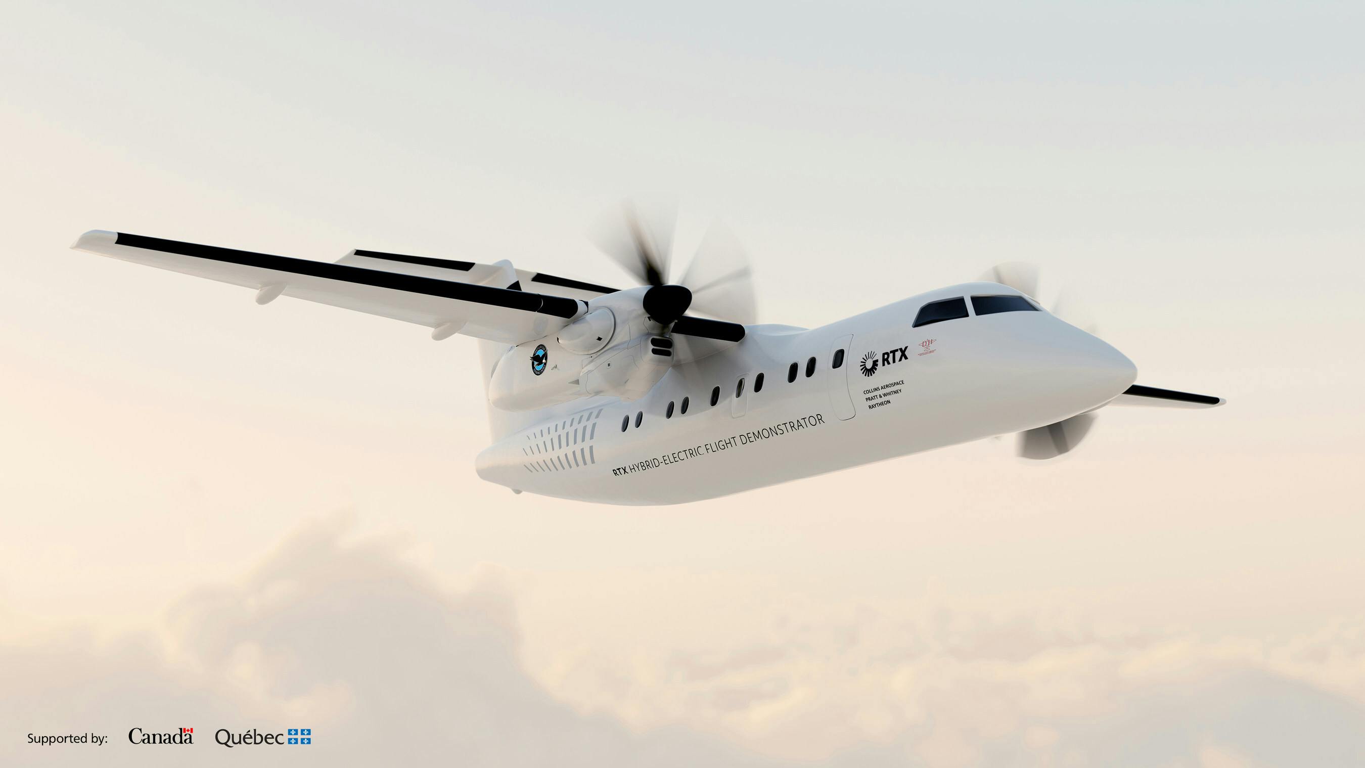 A rendering of RTX's hybrid demonstrator flying.
