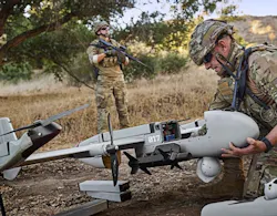 The Army AeroVironment P550 uncrewed aircraft has a 17-foot wingspan, is nine feet long, and can fly for as long as five hours with a longwave infrared reconnaissance sensor payload. Its data link works at distances from 25 to 37 miles.