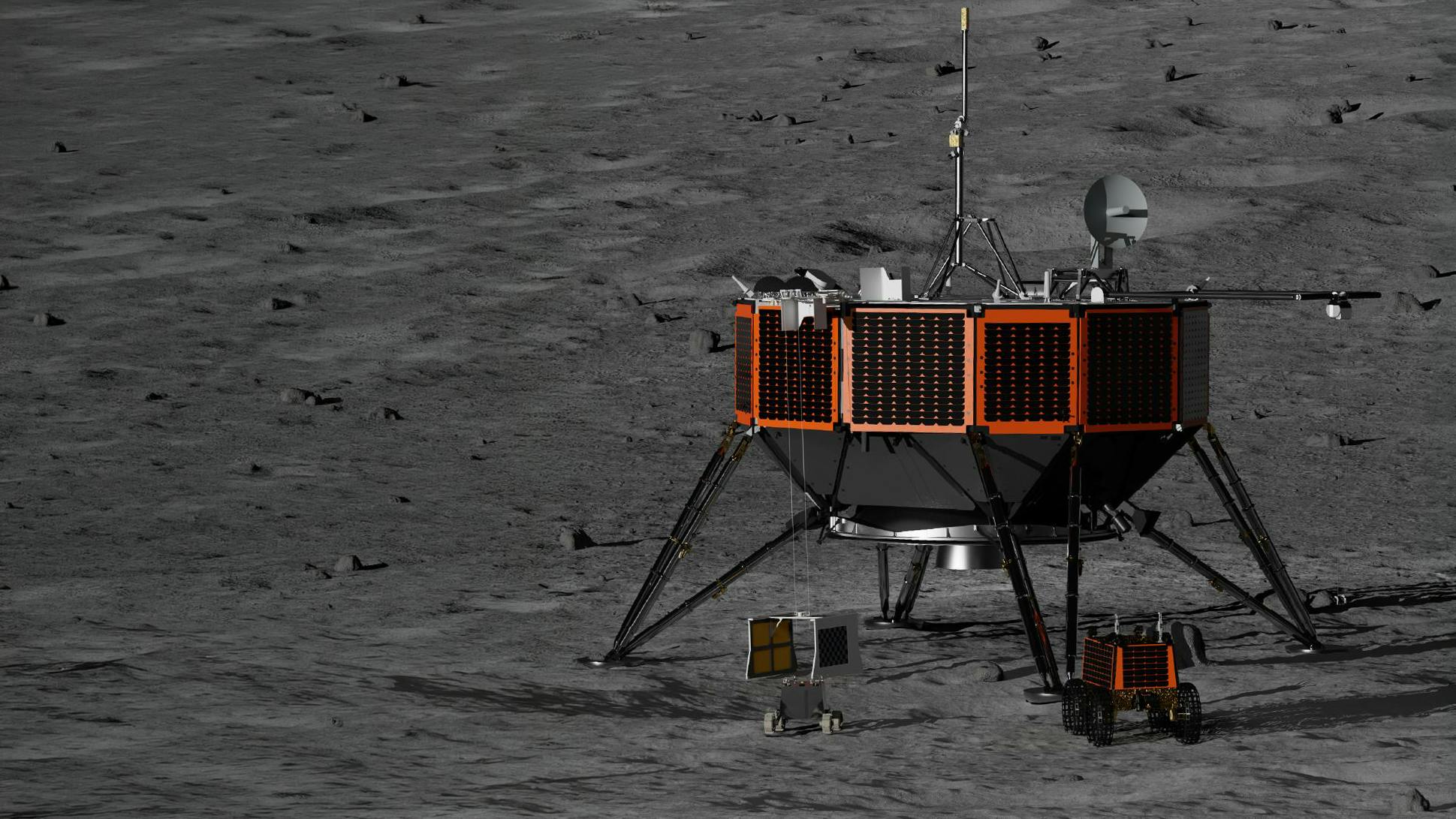 A rendering of the Intuitive Machines larger cargo class (Nova-D) lunar lander is pictured above with the Honeybee Robotics lunar rover (lower right) and the Australian Space Agency&rsquo;s Roo-Ver lunar rover (lower left). Intuitive Machines image.
