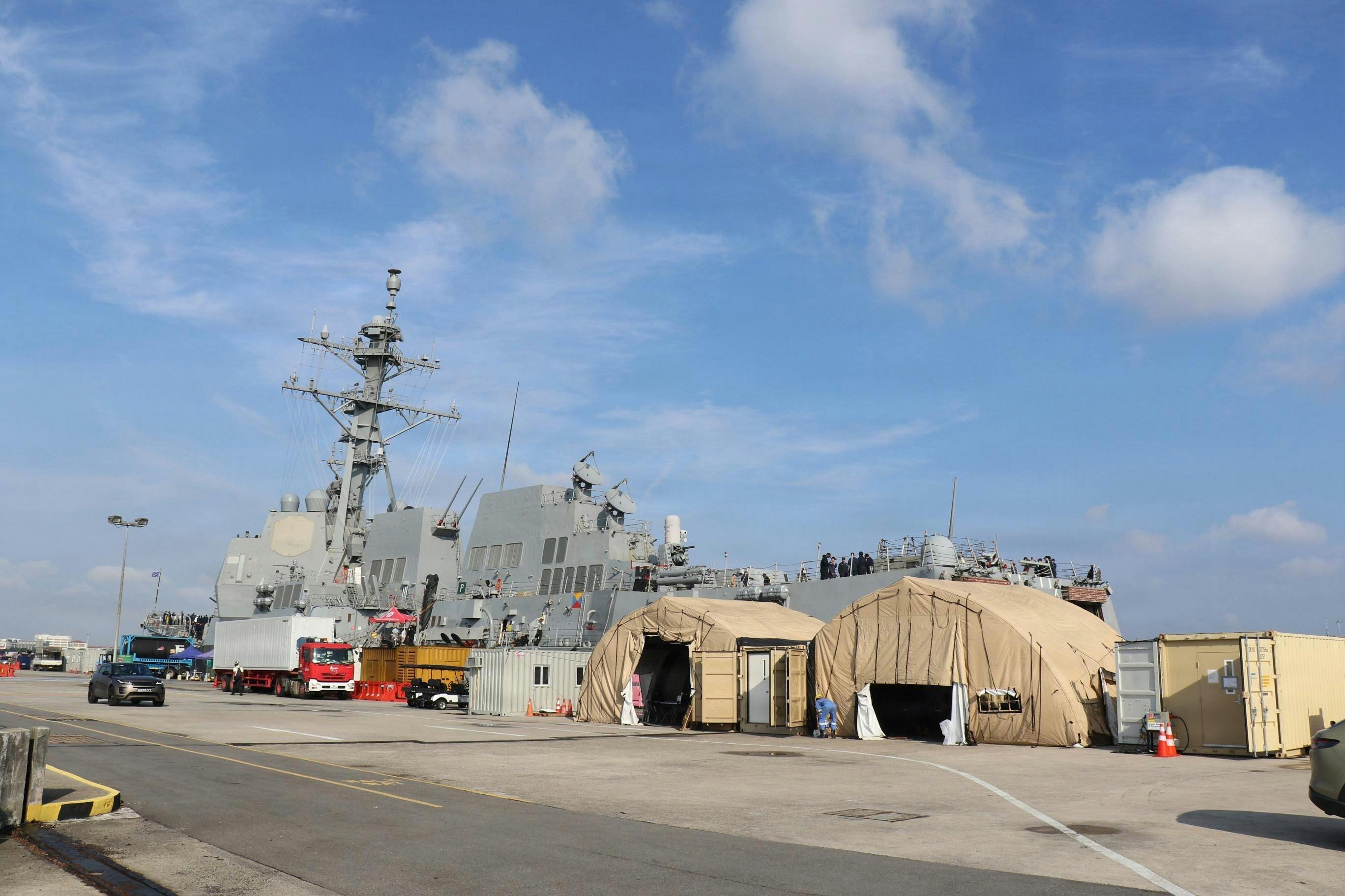 Arleigh Burke-class guided-missile destroyer USS Pinckney (DDG 91) is pier-side at Changi Naval Base as part of ship repair and maintenance exercise in Singapore earlier in 2026. U.S. Navy photo by Ens. Ivan Pang.