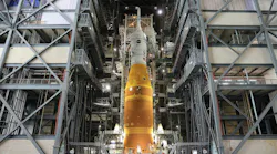 NASA’s Artemis II Space Launch System rocket and Orion spacecraft, secured to the mobile launcher, stands vertical inside the Vehicle Assembly building on 17 March 2026, as preparations continued ahead of the 1 April launch. Credit: NASA/Kim Shifflett.