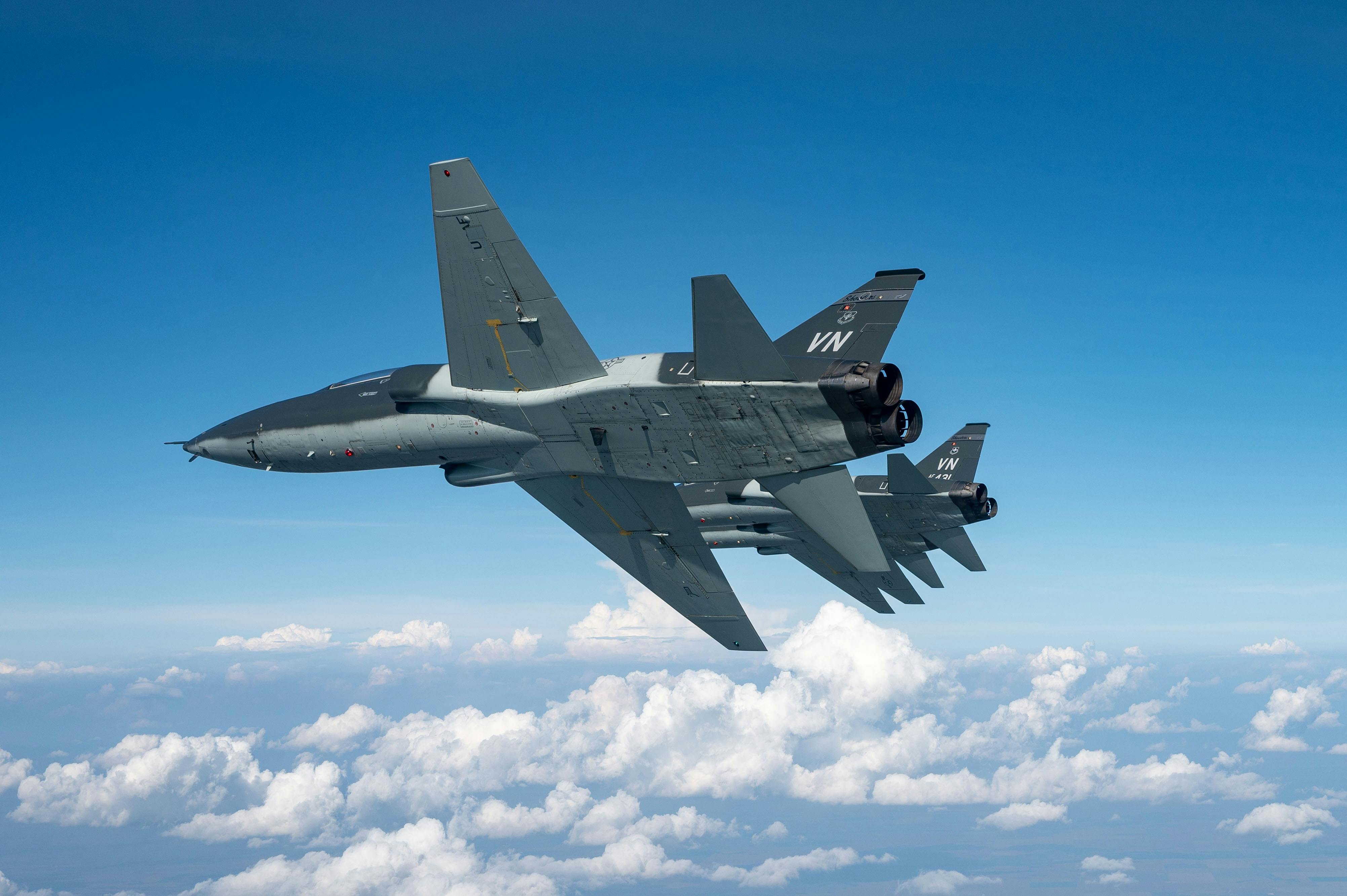 Instructor pilots assigned to the 71st Flying Training Wing conduct formation training in T-38C Talons in the sky over Oklahoma. U.S. Air Force photo by Staff Sgt. Taylor Crul.