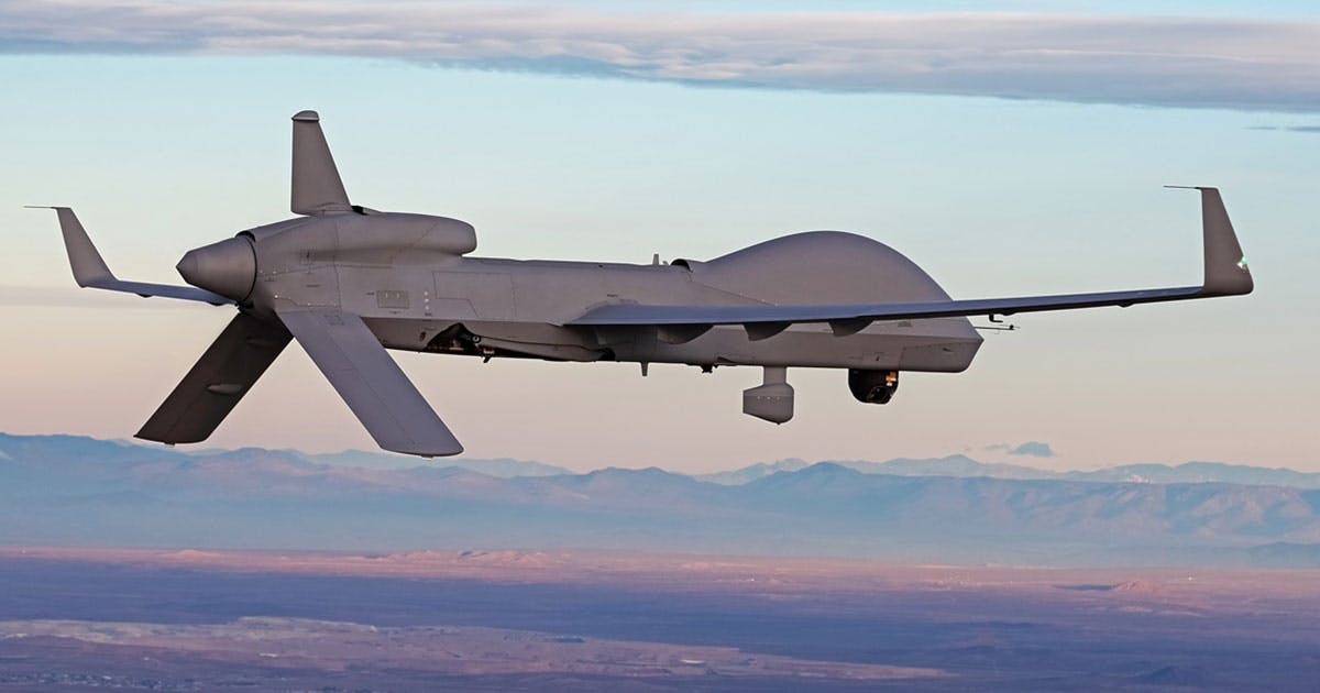 The MQ-1C Gray Eagle ER flying and shown in profile