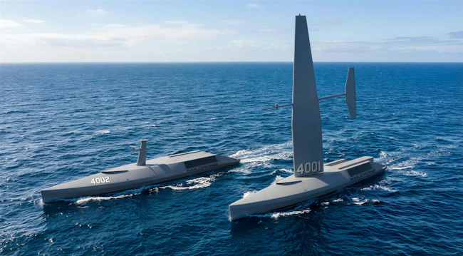 Spectre Silent Endurance (right) uses wing assist for endurance and silent propulsion. Saildrone says its Spectre Stealth Strike (left) meets all mUSV requirements. Saildrone photo.