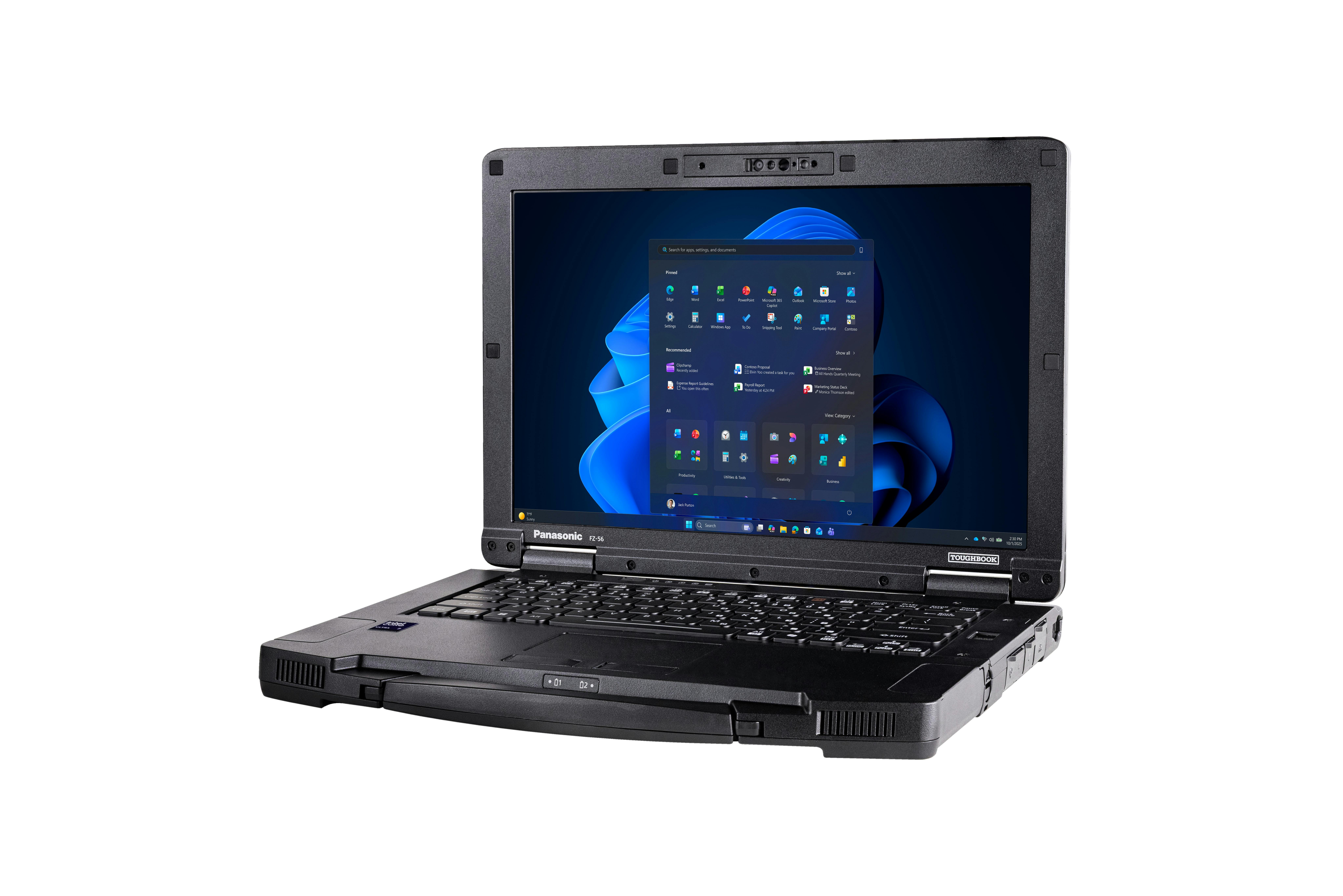 A photo of Panasonic's new ruggedized laptop open with Windows II on the screen