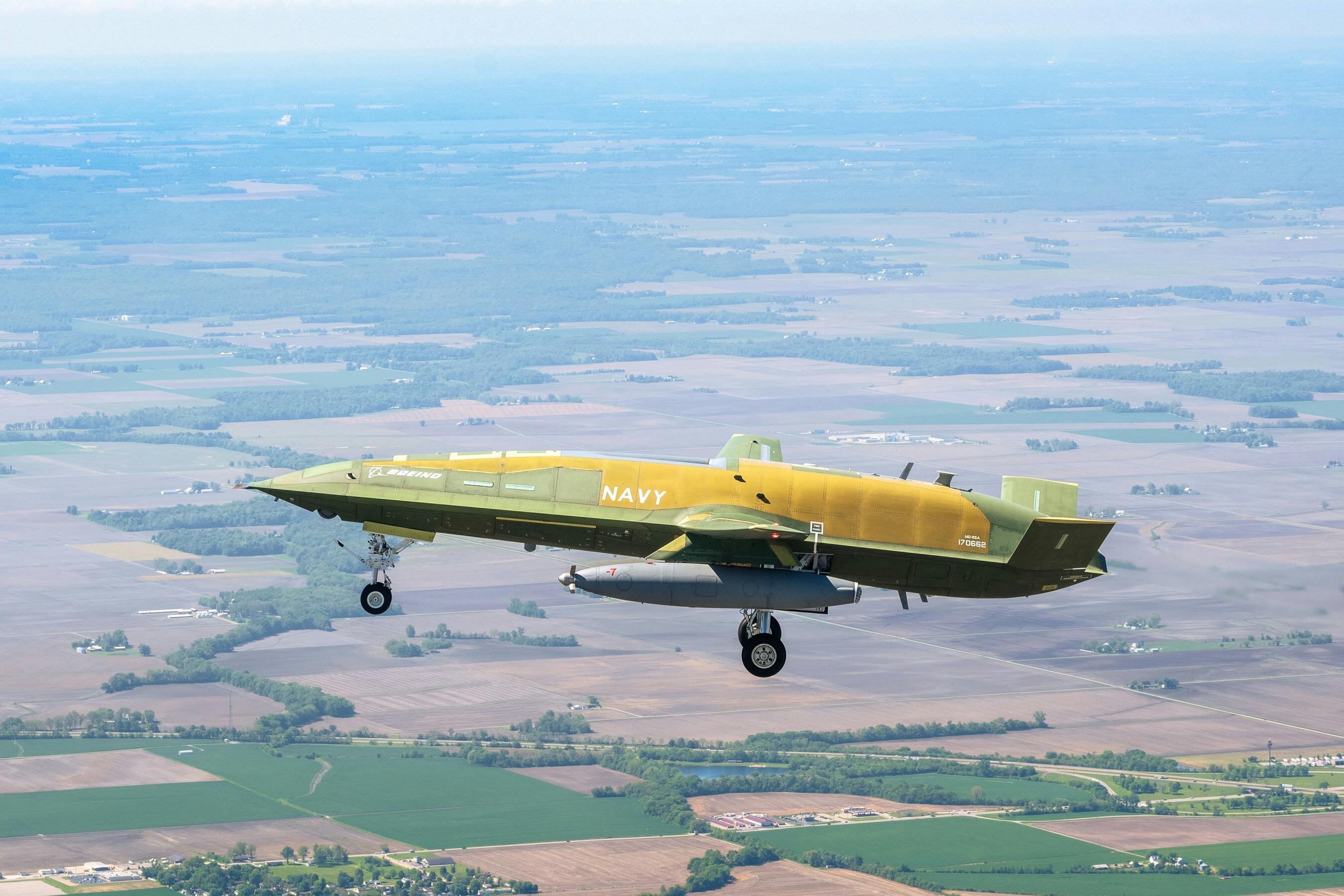 The first operational U.S. Navy MQ-25A Stingray soars over southern Illinois during a successful two-hour first flight on April 25. Boeing photo by Eric Shindelbower.