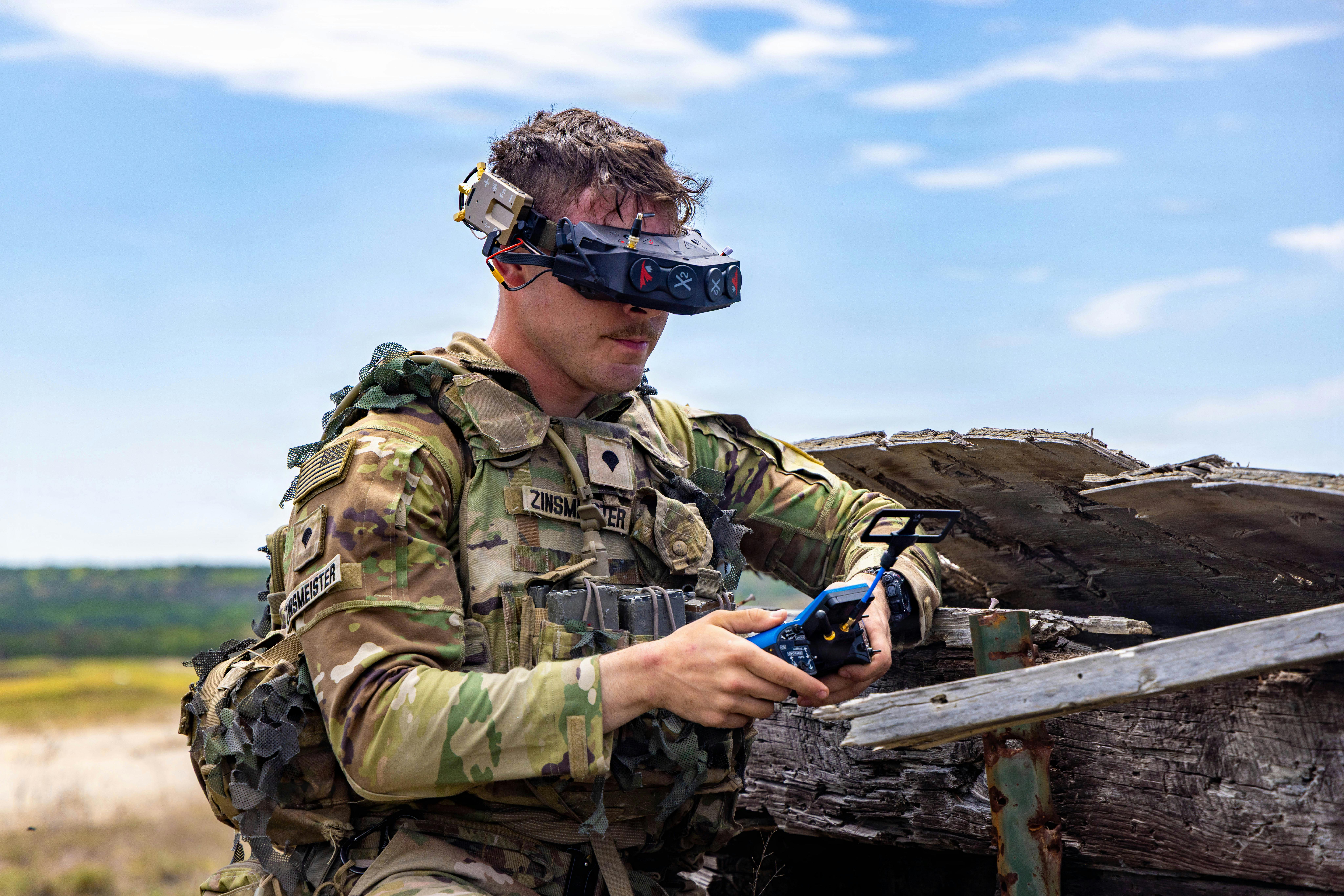 Spc. Ian Zinsmeister operates a small uncrewd aircraft system sensor system during exercise Condor Rebirth on Fort Hood, Texas. Condor Rebirth allowed capability providers to test new equipment, collaborate across teams, and integrate with the 1st Cavalry Division during a field exercise simulating real-world battlefield conditions. U.S. Army photo by Spc. Julian A. Winston.