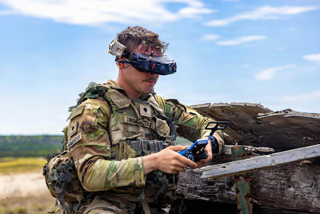 Spc. Ian Zinsmeister operates a small uncrewd aircraft system sensor system during exercise Condor Rebirth on Fort Hood, Texas. Condor Rebirth allowed capability providers to test new equipment, collaborate across teams, and integrate with the 1st Cavalry Division during a field exercise simulating real-world battlefield conditions. U.S. Army photo by Spc. Julian A. Winston.