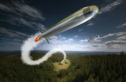 A rendering of a missile being fired from a clearing in the woods from a container. A rendering of a missile being fired from a clearing in the woods from a container.