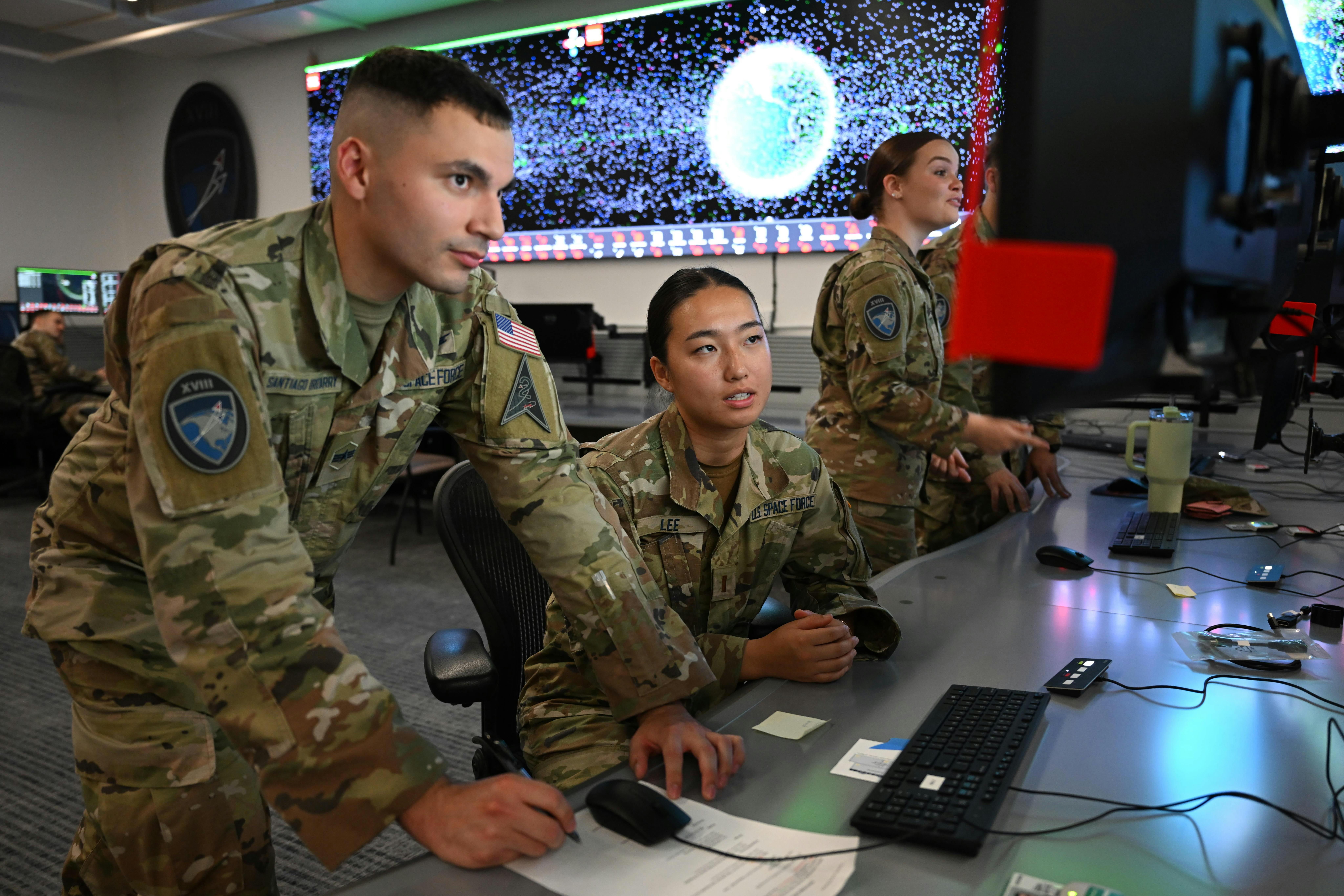 Space Delta 2 members observe orbital data at Vandenberg Space Force Base, Calif. Through the U.S. Space Force force generation (SPAFORGEN) model, tactically assigned units from DEL 2 provide space domain awareness on behalf of U.S. Space Forces &ndash; Space, conducting tactical command and control of the space surveillance network to detect, track, and identify artificial objects in orbit. U.S. Space Force photo by David Dozoretz.