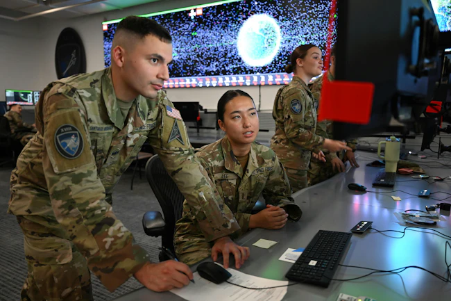Space Delta 2 members observe orbital data at Vandenberg Space Force Base, Calif. Through the U.S. Space Force force generation (SPAFORGEN) model, tactically assigned units from DEL 2 provide space domain awareness on behalf of U.S. Space Forces &ndash; Space, conducting tactical command and control of the space surveillance network to detect, track, and identify artificial objects in orbit. U.S. Space Force photo by David Dozoretz.