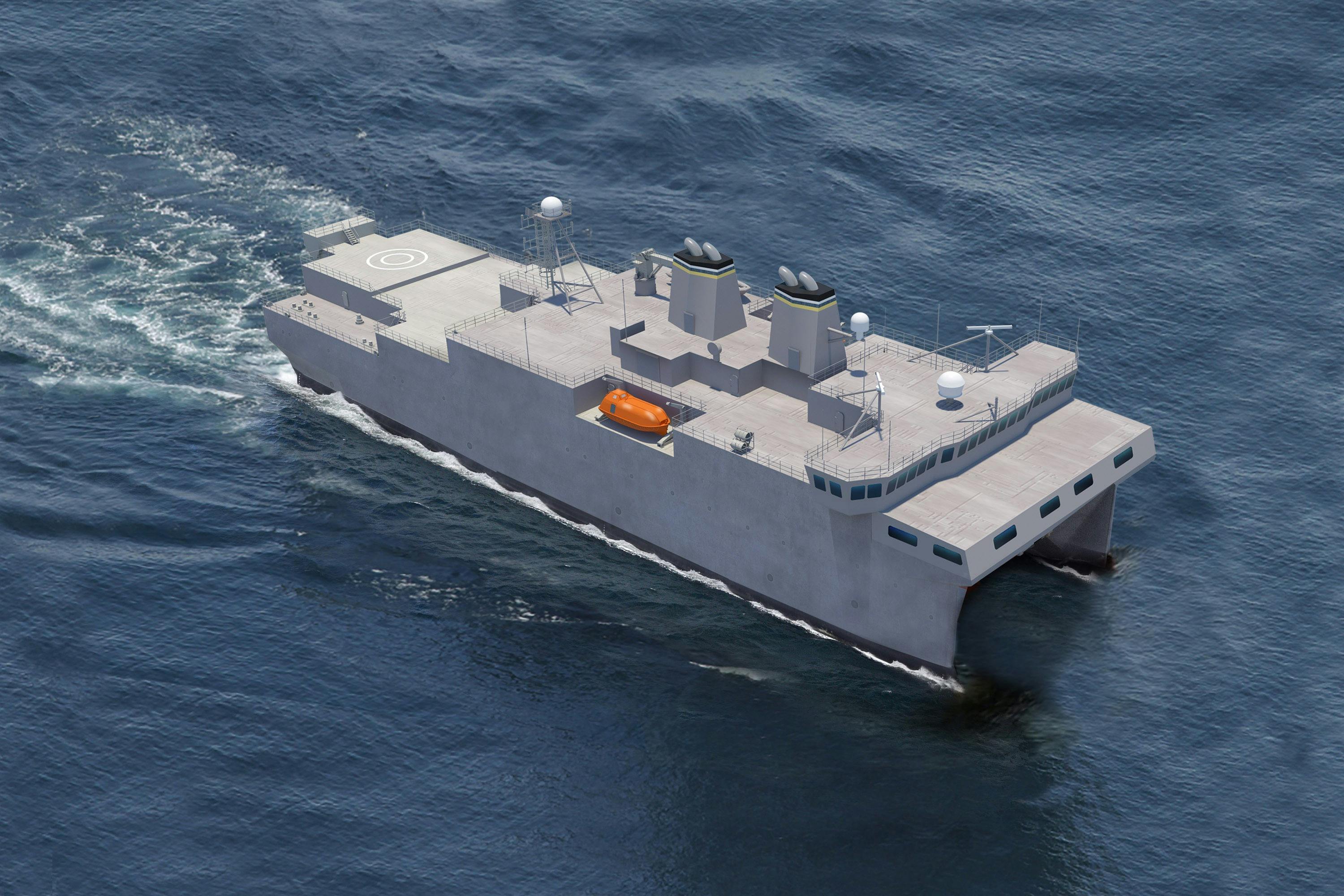 A rendering of the updated T-AGOS 25 on water and pictured at an angle from above