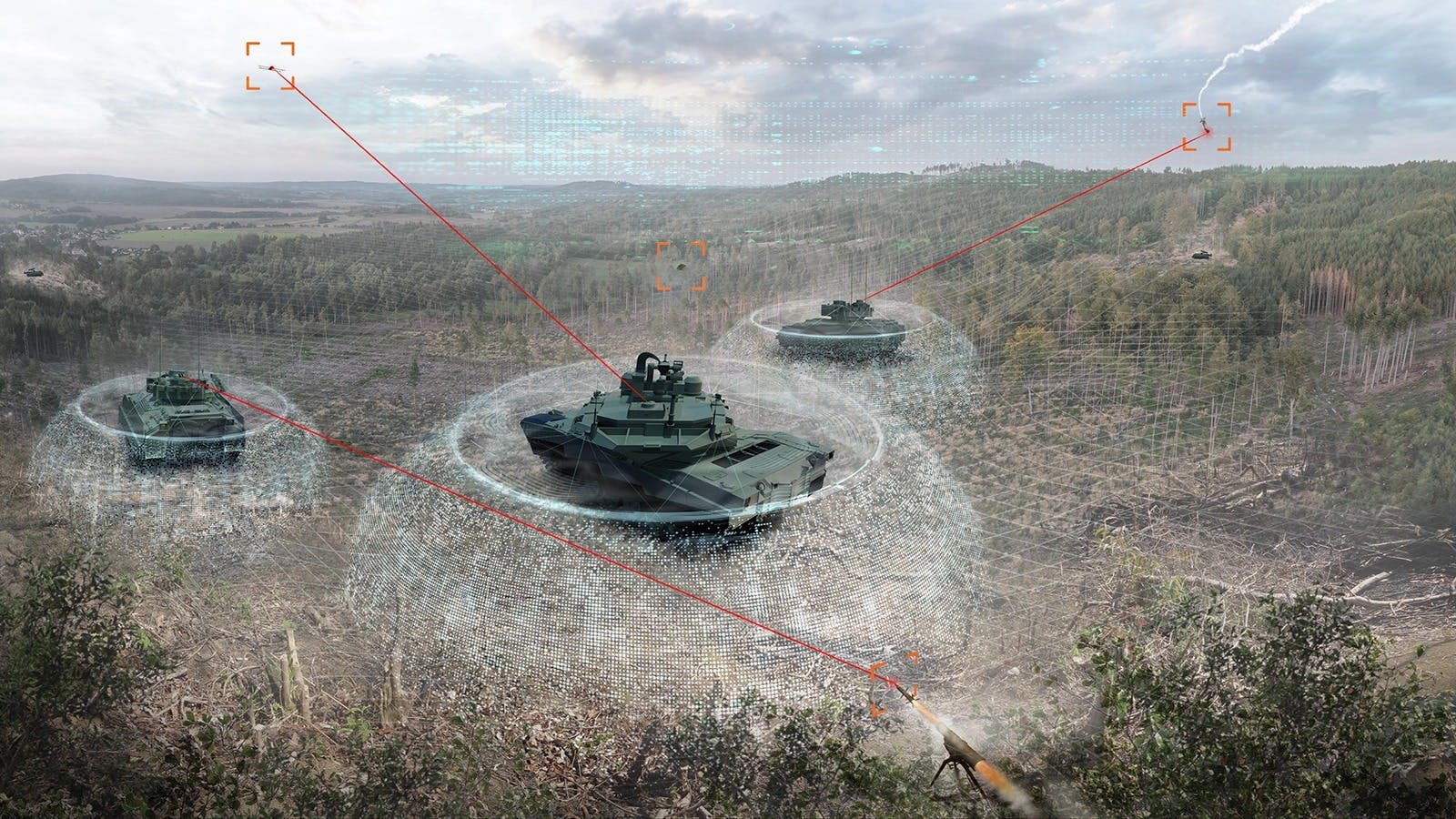 A digital representation of Army armored vehicles engaging with uncrewed threats in a field