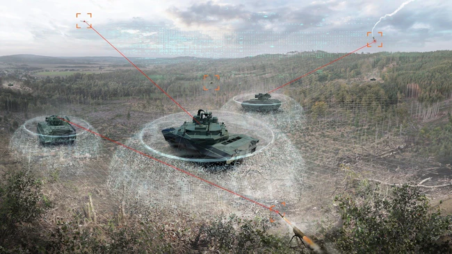 A digital representation of Army armored vehicles engaging with uncrewed threats in a field