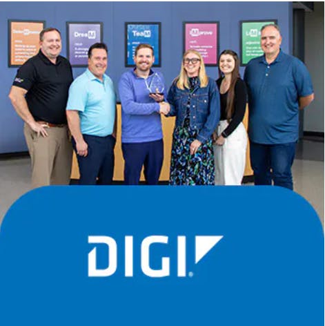 Representatives from Digi International present the Mouser team with the 2025 Infrastructure Management Distributor of the Year Award