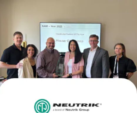 Representatives from NEUTRIK present the Mouser team with the 2025 Americas' Distributor Partner of the Year Award