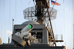 The U.S. Navy Afloat Forward Staging Base (Interim) USS Ponce (AFSB(I)-15) conducts an operational demonstration of the Office of Naval Research (ONR)–sponsored Laser Weapon System (LaWS) while deployed to the Arabian Gulf. U.S. Navy photo. The U.S. Navy Afloat Forward Staging Base (Interim) USS Ponce (AFSB(I)-15) conducts an operational demonstration of the Office of Naval Research (ONR)–sponsored Laser Weapon System (LaWS) while deployed to the Arabian Gulf. U.S. Navy photo.