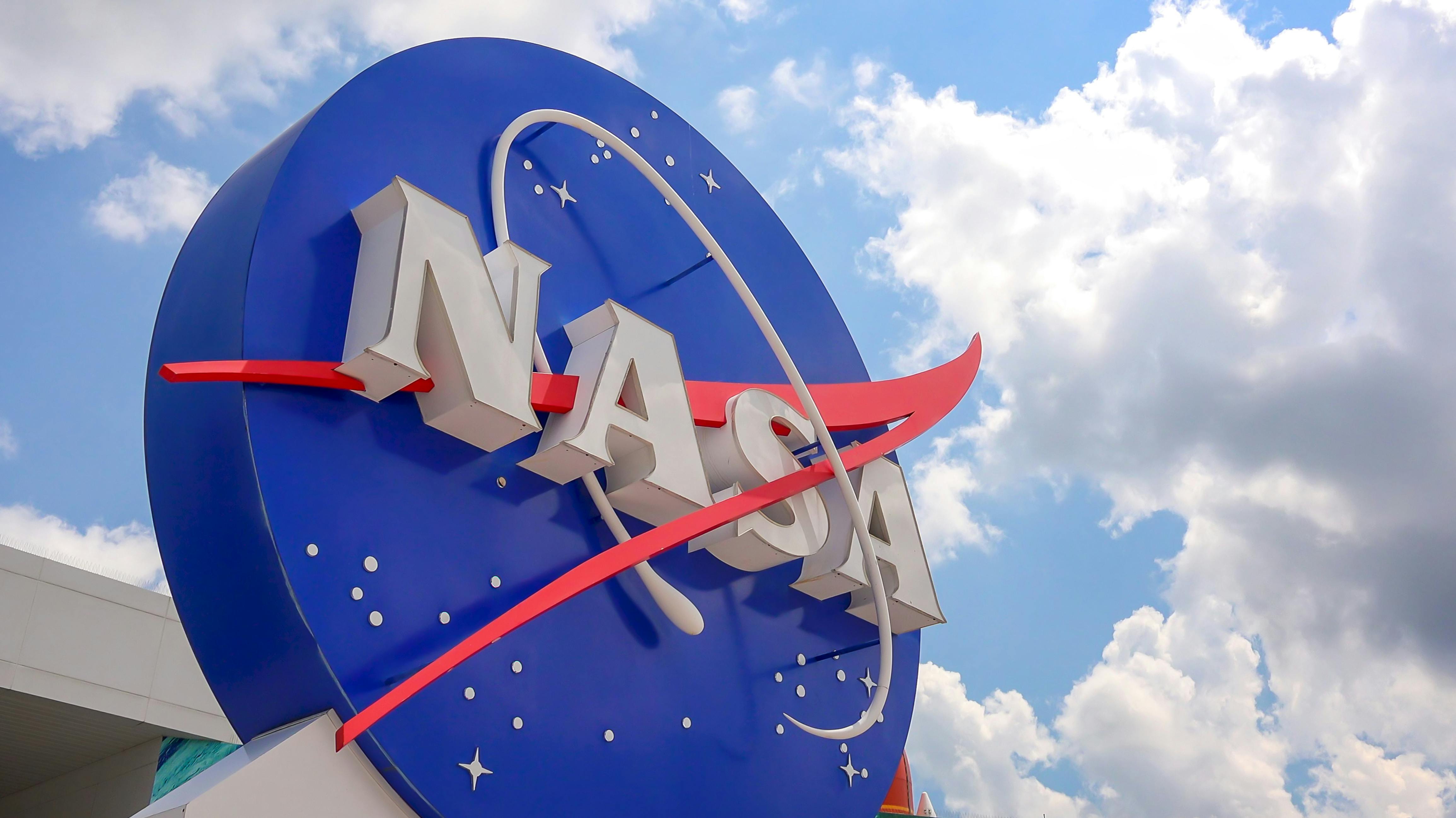 NASA emblem at the Kennedy Space Center Visitors Complex in Cape Canaveral, Florida