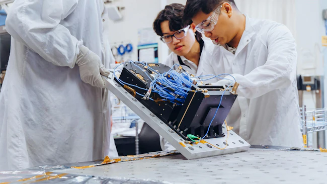 Boeing team members inspect the Q4S flight payload during testing designed to verify the hardware can withstand launch and on-orbit conditions ahead of its planned 2027 mission Boeing photo.