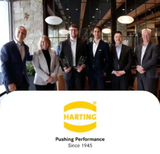 Representatives from HARTING present the Mouser team with the 2025 Global High Service Distributor of the Year Award and the Distinguished Award for New Product Sales Growth.