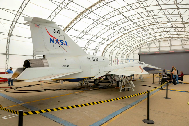 NASA&rsquo;s X-59 quiet supersonic research aircraft is seen during its &ldquo;aluminum bird&rdquo; systems testing at Lockheed Martin&rsquo;s Skunk Works facility in Palmdale, California. The test verified how the aircraft&rsquo;s hardware and software work together, responding to pilot inputs and handling injected system failures. Lockheed Martin/Garry Tice photo.
