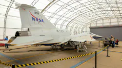 NASA’s X-59 quiet supersonic research aircraft is seen during its “aluminum bird” systems testing at Lockheed Martin’s Skunk Works facility in Palmdale, California. The test verified how the aircraft’s hardware and software work together, responding to pilot inputs and handling injected system failures. Lockheed Martin/Garry Tice photo.